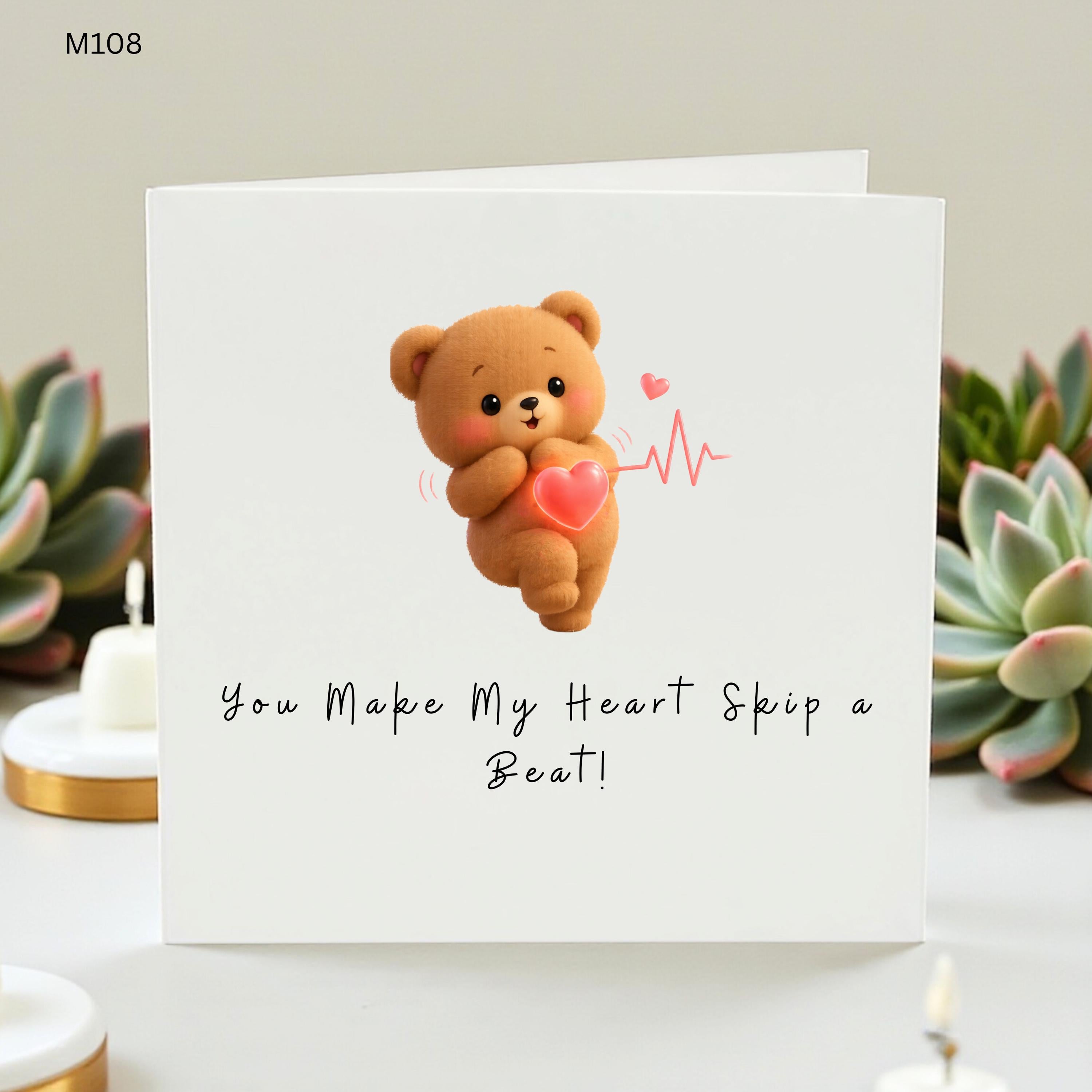 You Make My Heart Skip A Beat Card, Cute Teddy Bear Love Card, Romantic Anniversary Card For Him Her, Birthday Card