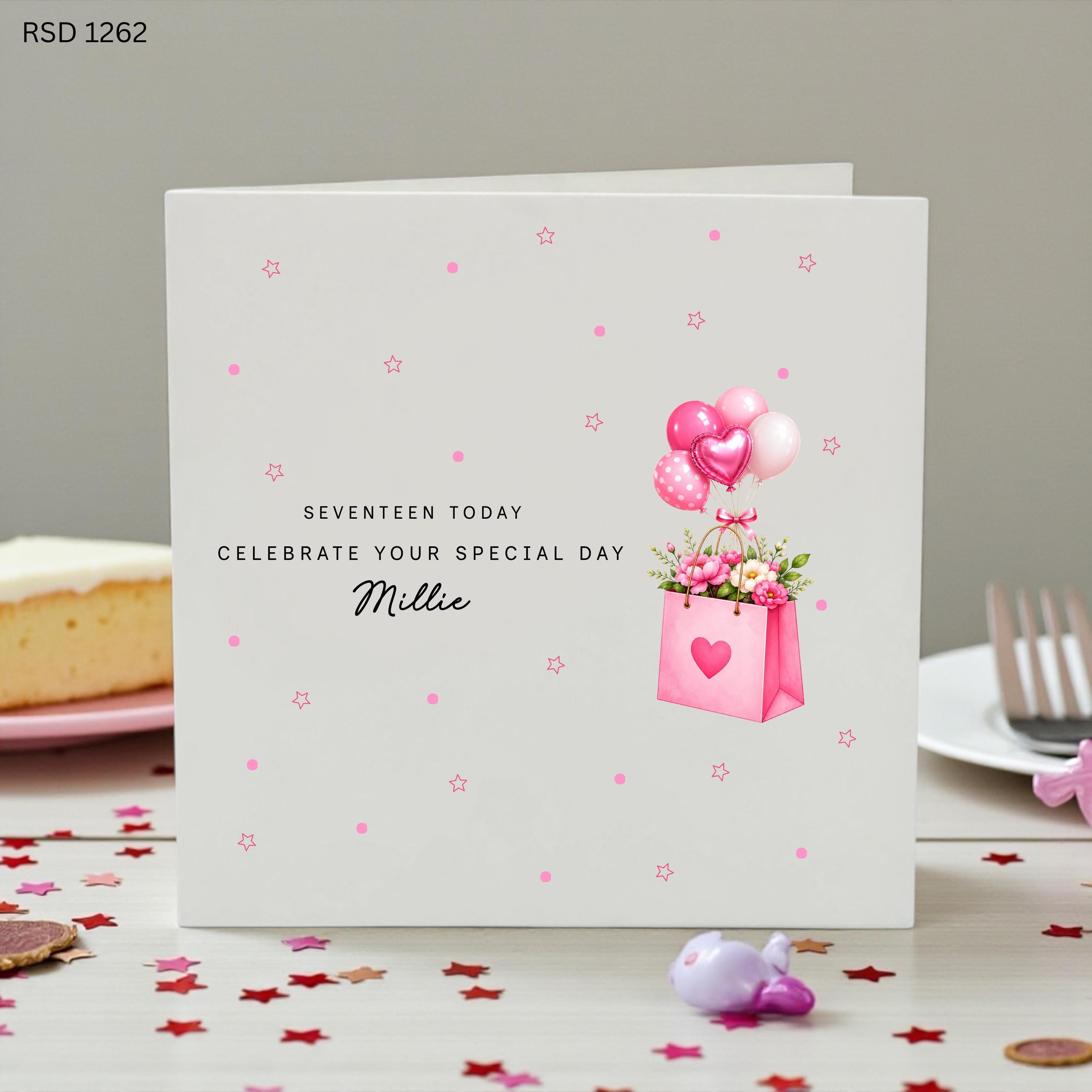 Personalised 17th Birthday Card for Girl, Custom Seventeenth Birthday Card, Pink Balloon Birthday Card, Daughter Sister Friend Birthday Gift