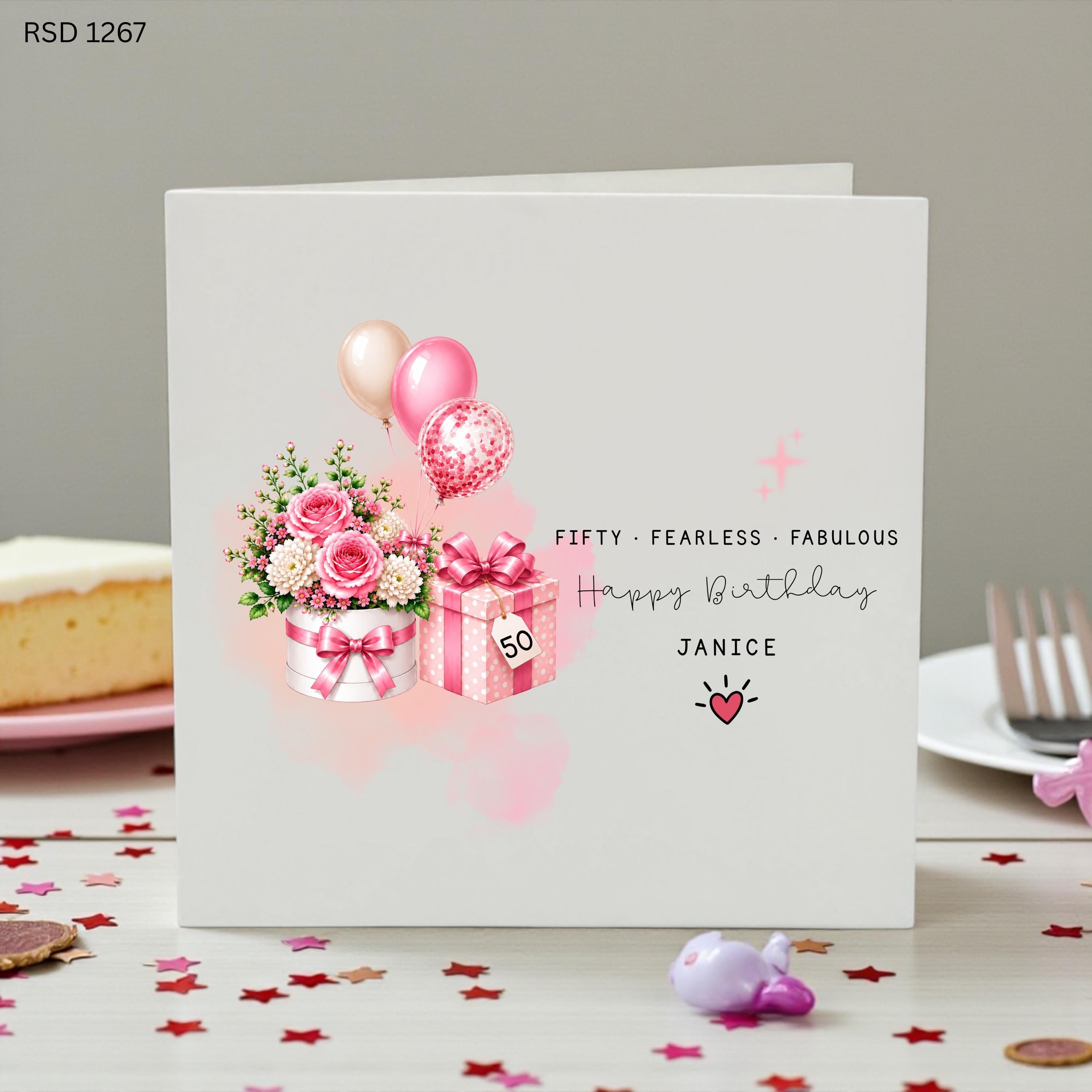 Personalised 50th Birthday Card For Her, Fabulous Fifty Birthday Card, Custom Name 50th Birthday Card, Pink Floral Gift Card