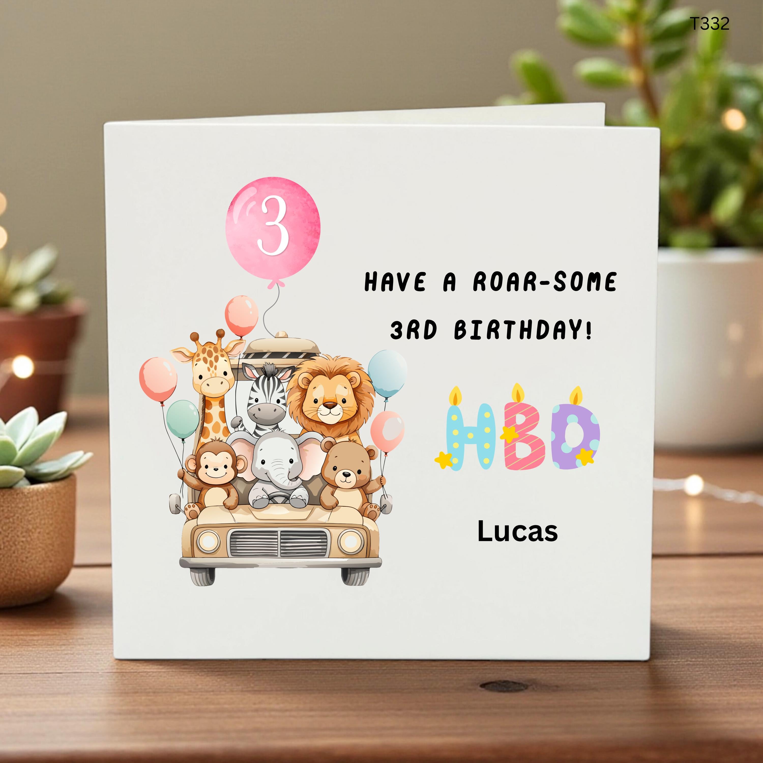 Personalised 3rd Birthday Safari Card, Cute Jungle Animal Birthday Card, Custom Name Boy Card, Zoo Car Card for Son Grandson Nephew Lucas