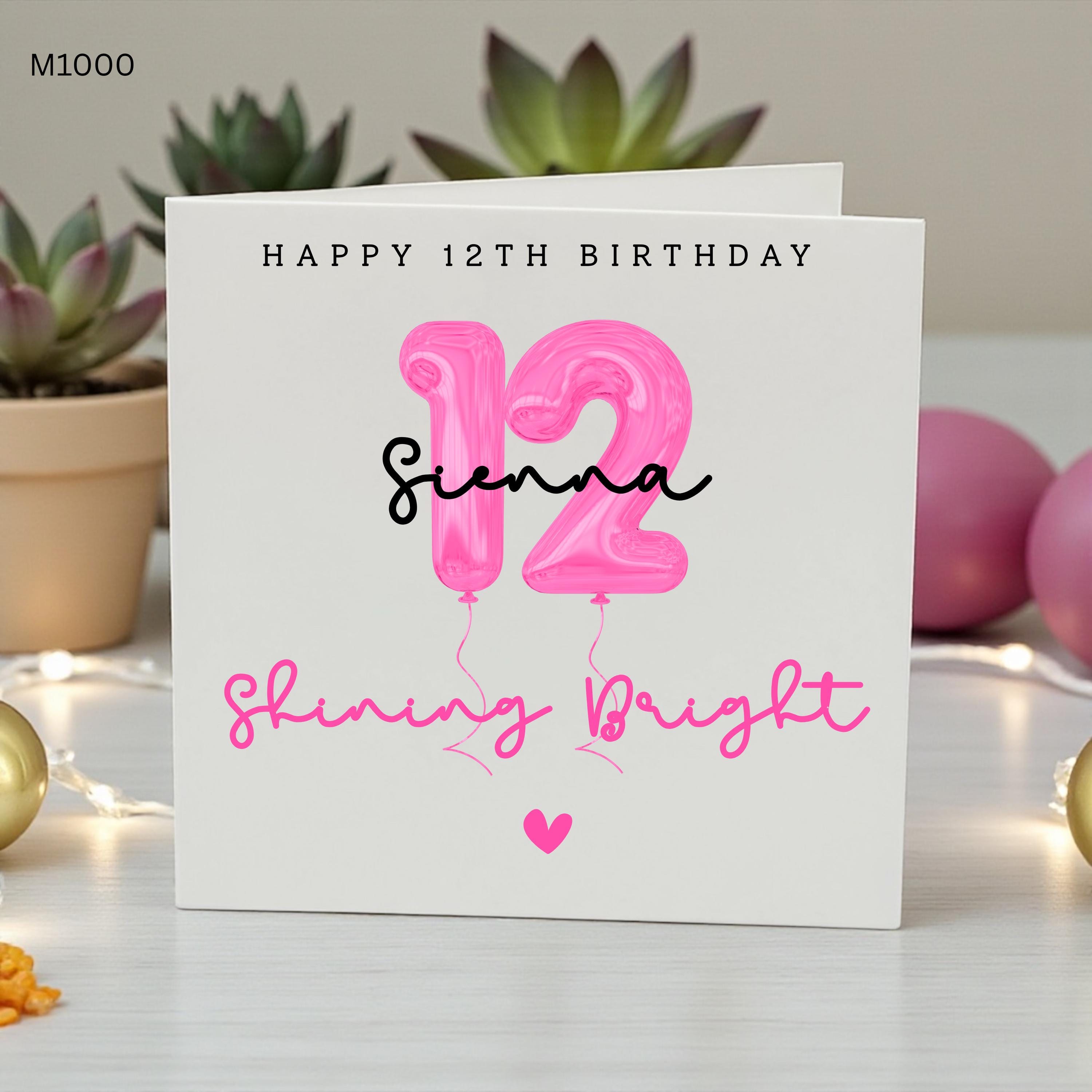 Personalised 12th Birthday Card for Girl, Custom Name Age 12 Birthday Card, Pink Balloon Birthday Card, Daughter Granddaughter Niece