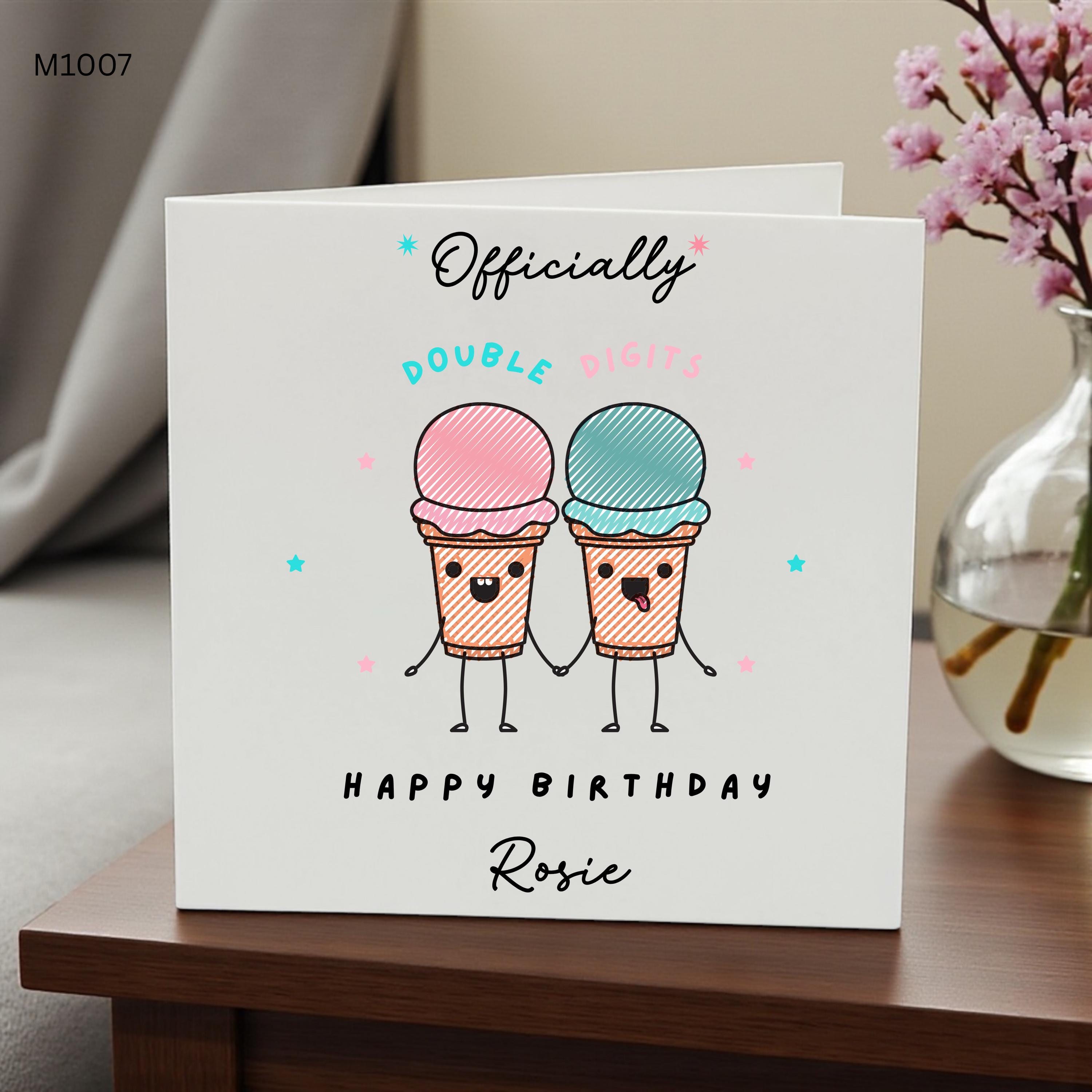 Personalised 10th Birthday Card for Girl, Double Digits Birthday Card, Custom Name Age 10 Card, Cute Ice Cream Birthday Card for Daughter