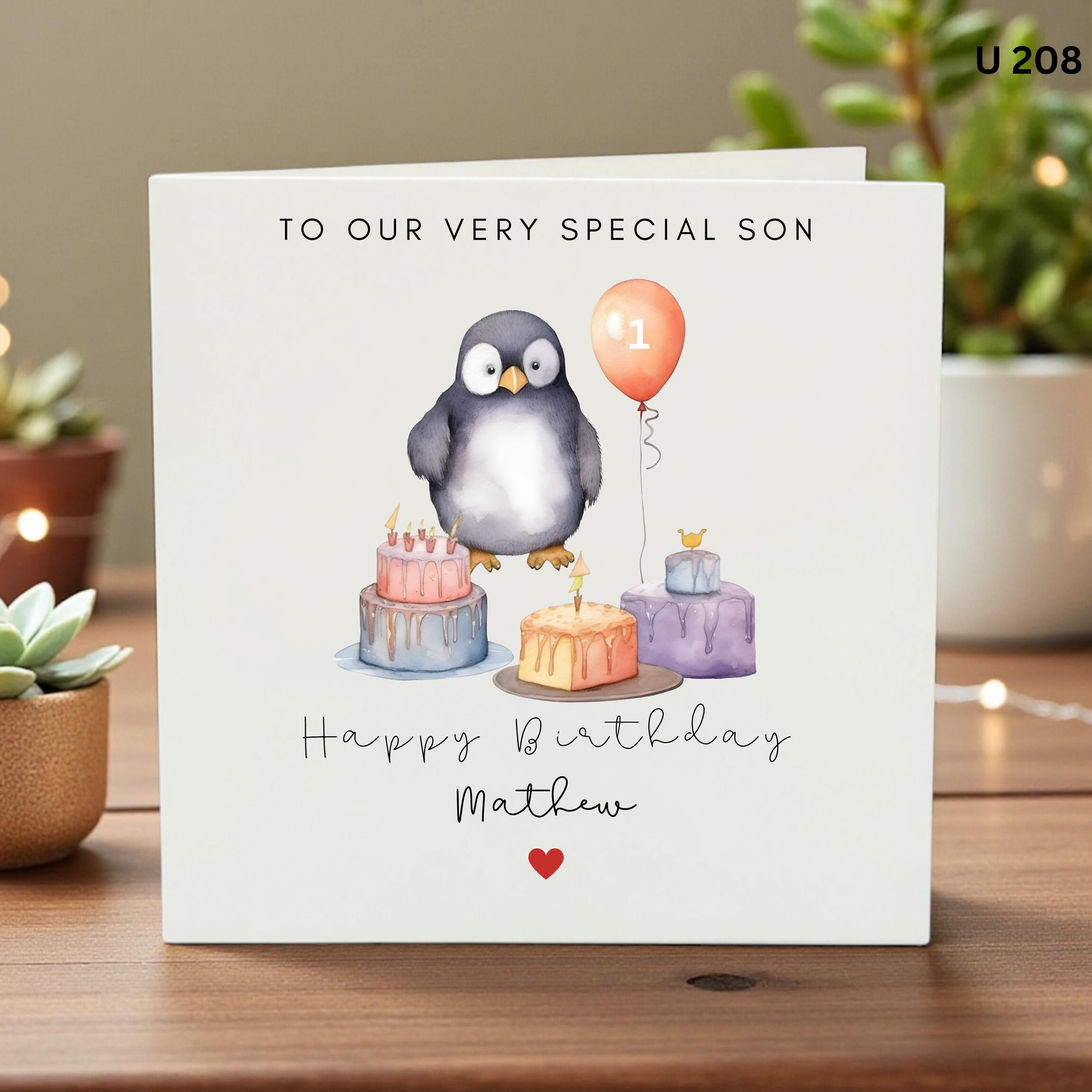 Personalised Son 1st Birthday Card, Cute Penguin Birthday Card for Boy, Special Son Turns One Card, Custom Name Card