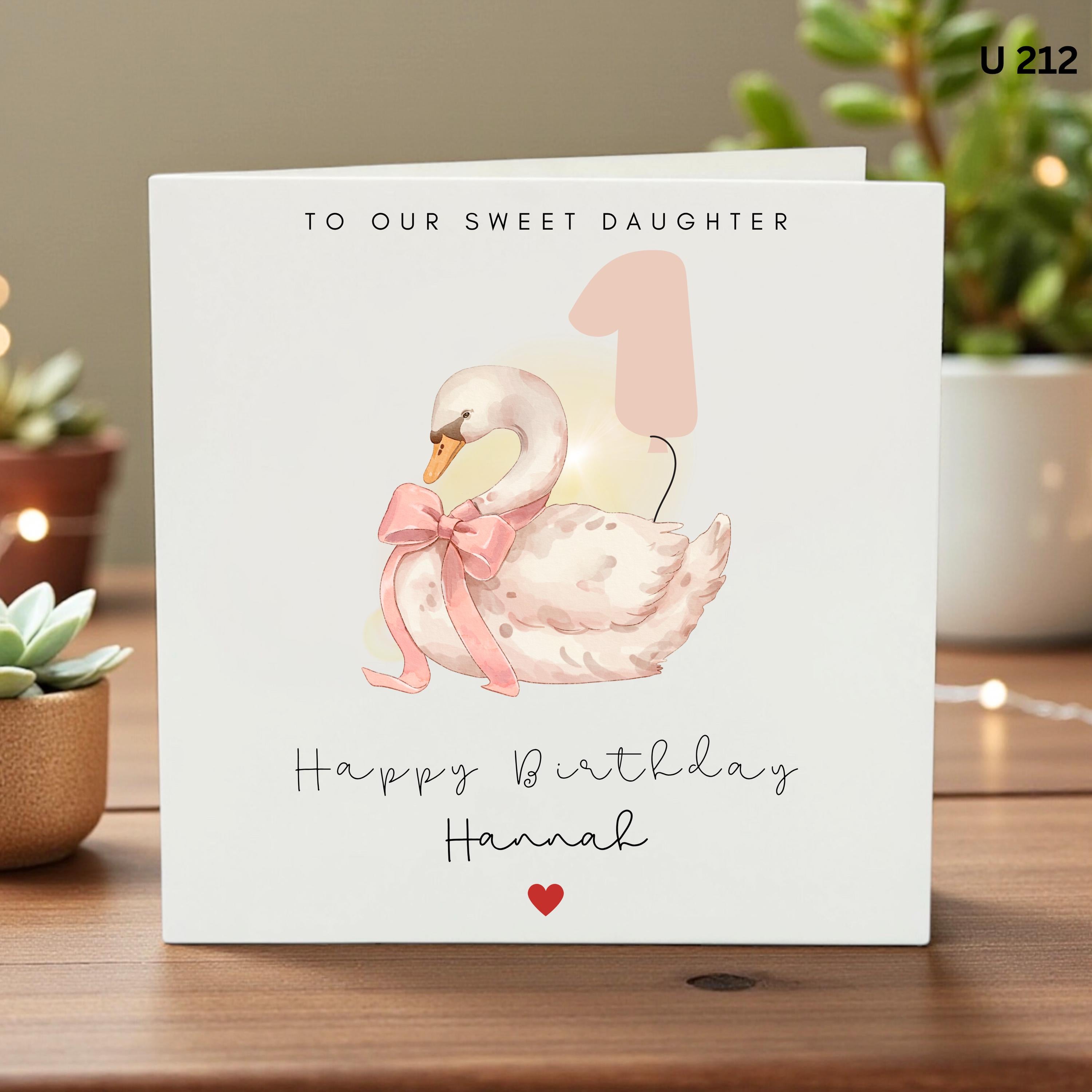 Personalised Daughter 1st Birthday Card, Cute Swan Turns One Card, Baby Girl First Birthday Card, Custom Name Pink Card