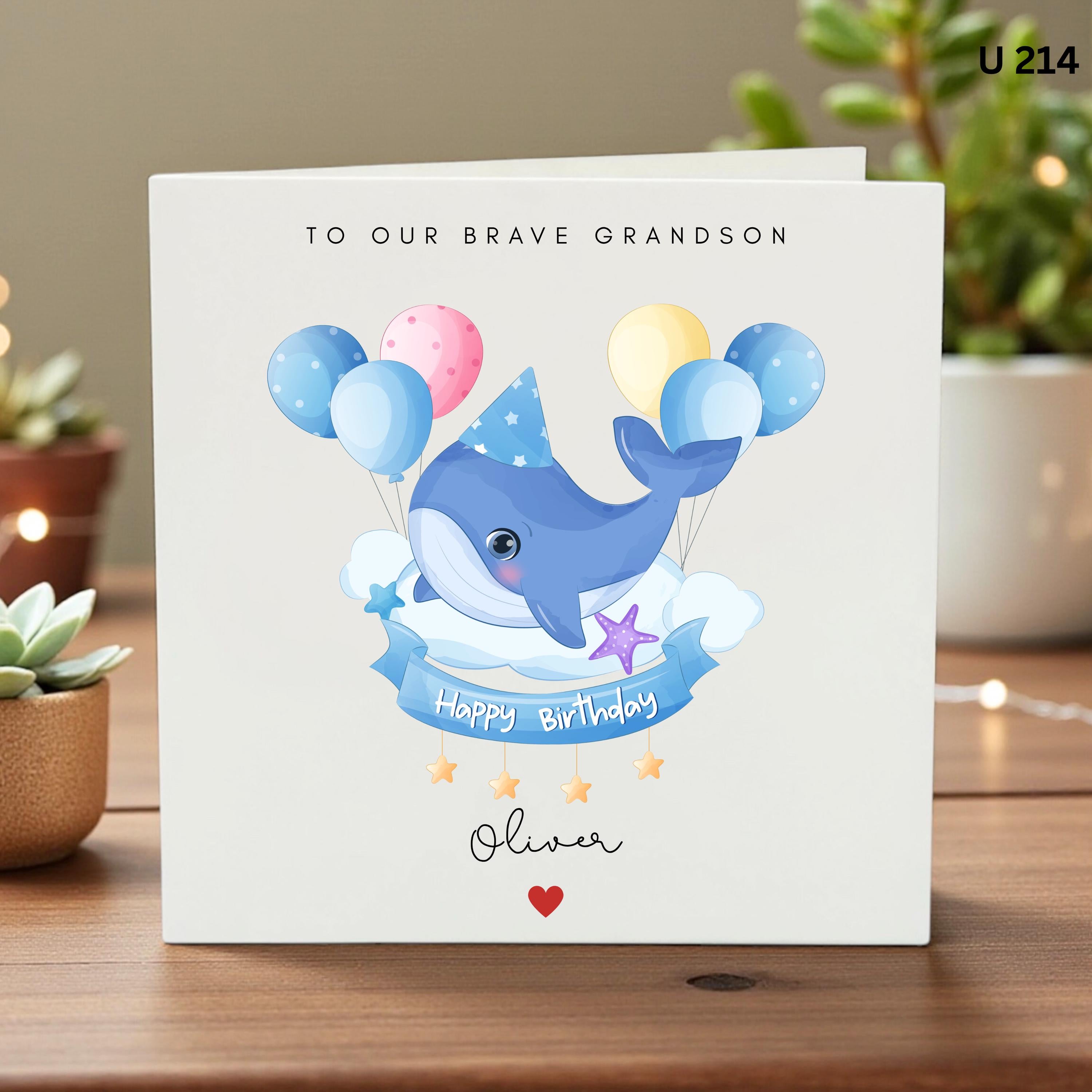 Personalised Grandson Birthday Card, Cute Whale Birthday Card for Boy, Brave Grandson Card, Custom Name Kids Card