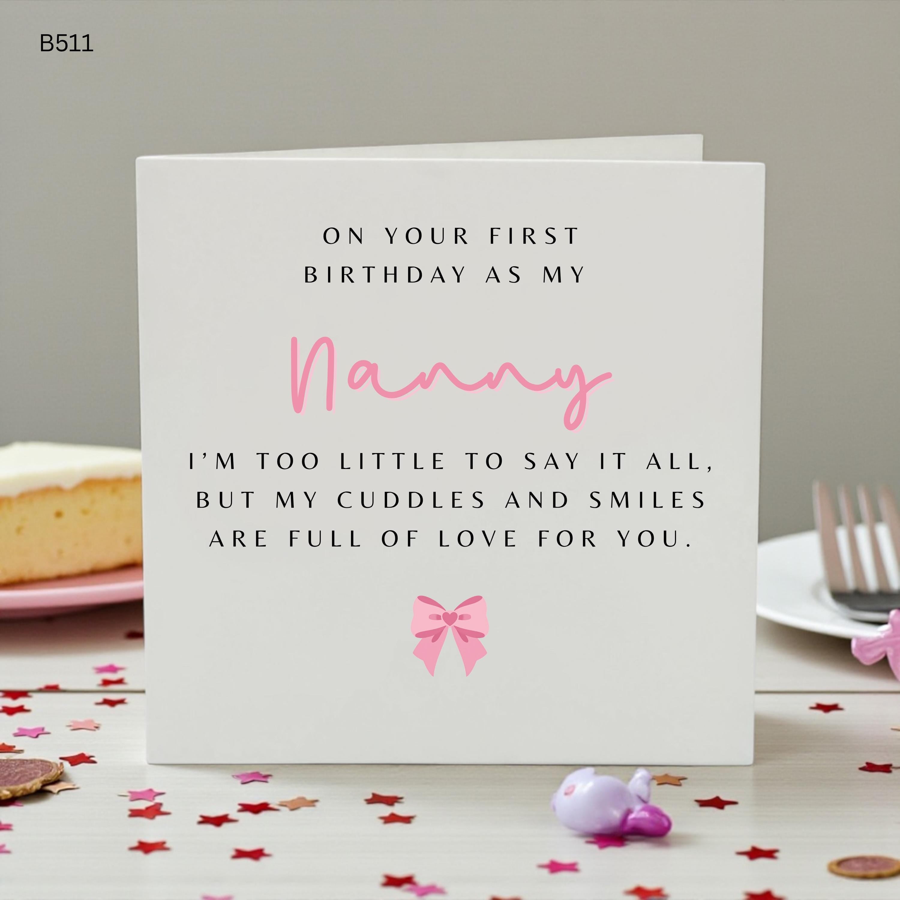 Nanny Birthday Card From Baby, First Birthday As My Nanny Card, Cute Pink Bow Card for Nanny, Personalised Nana Grandma Card