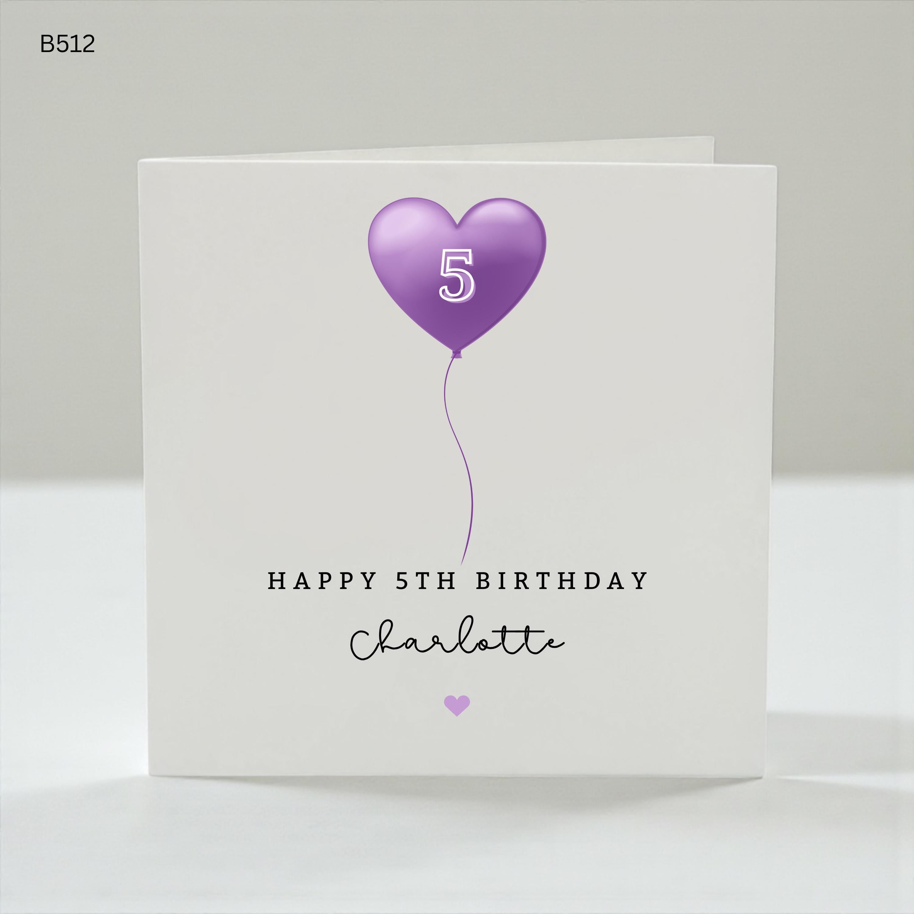 Personalised 5th Birthday Card for Girl, Purple Heart Balloon Birthday Card, Daughter Granddaughter Niece Fifth Birthday Card