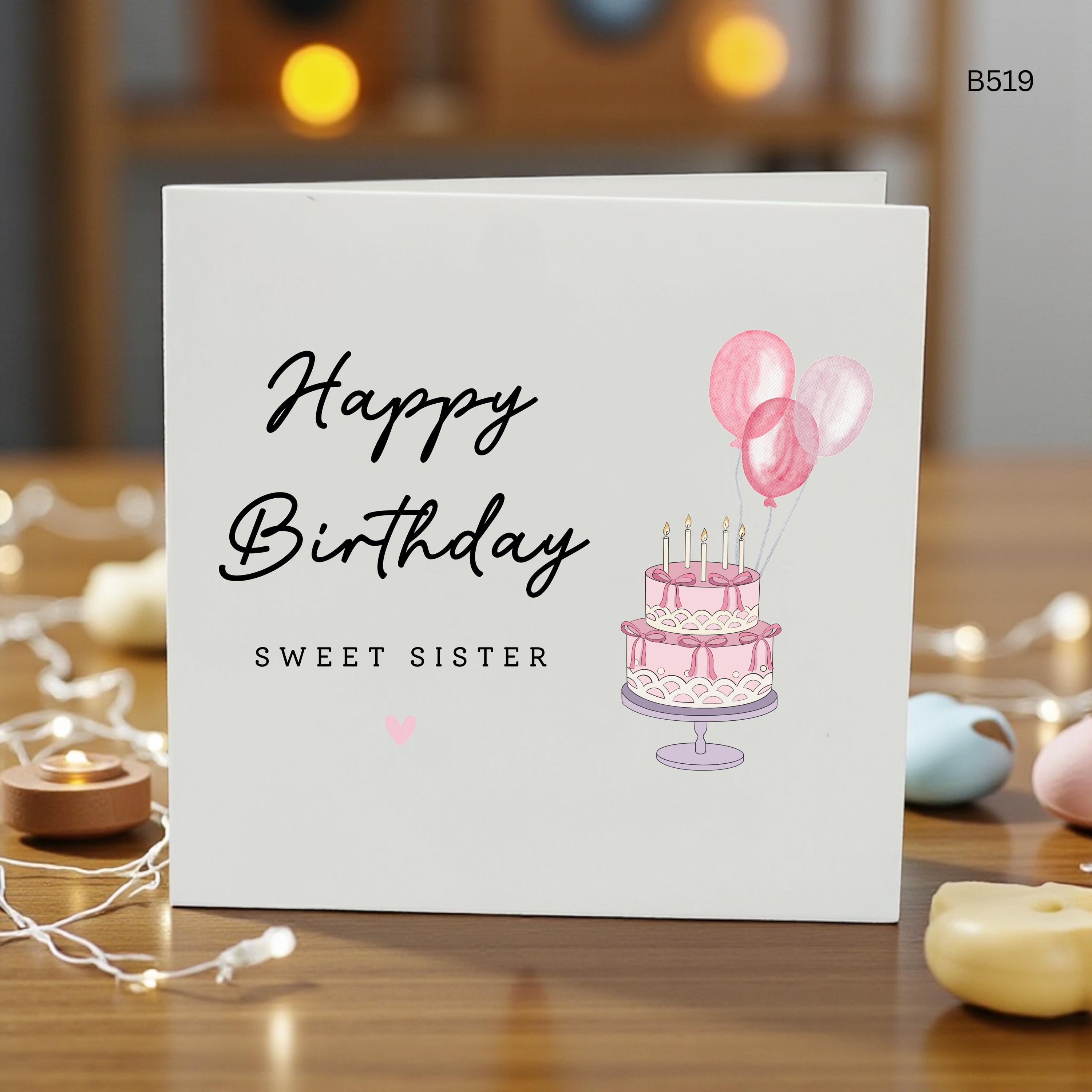 Personalised Sister Birthday Card, Sweet Sister Birthday Card for Her, Pink Cake and Balloons Birthday Card, Cute Sister Card