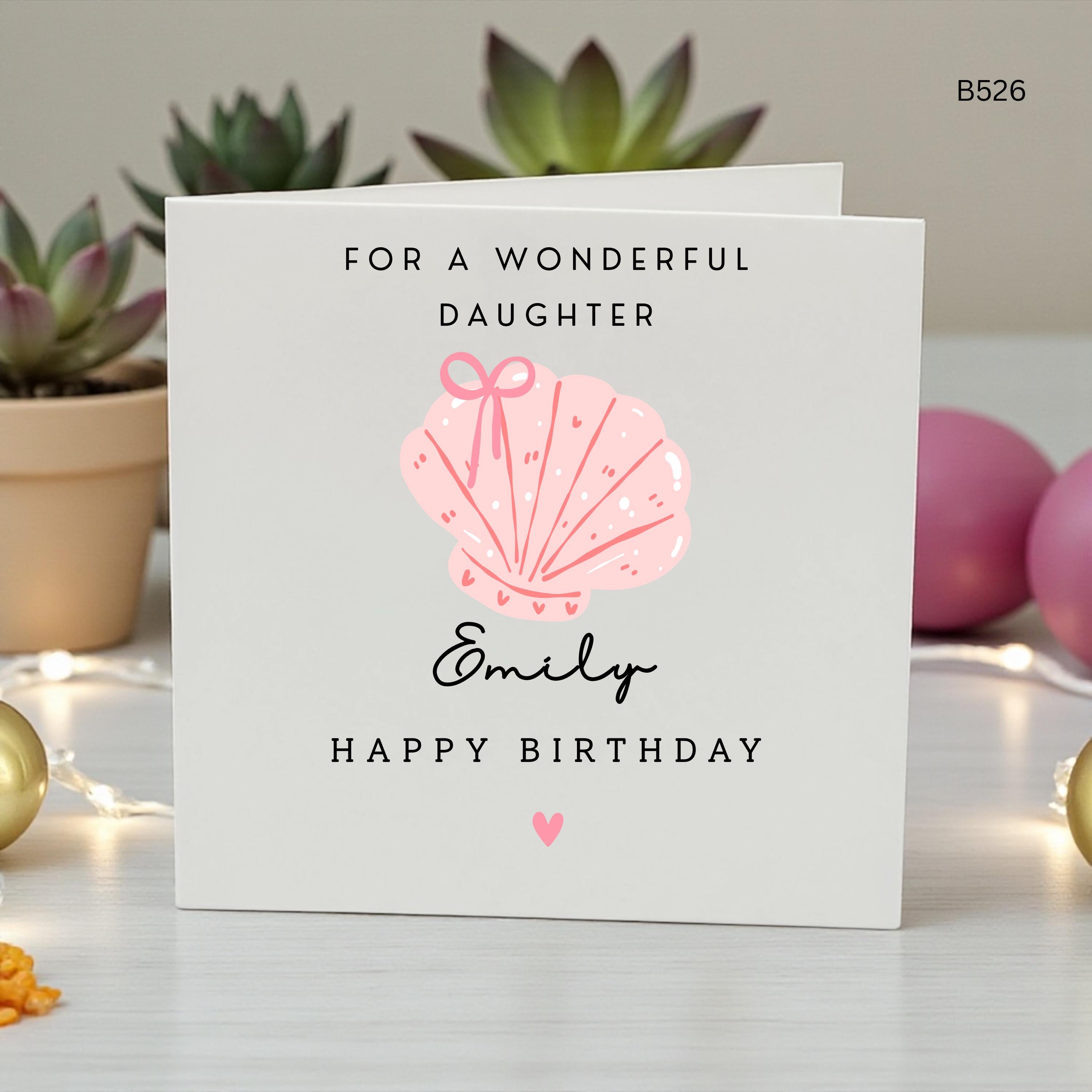 Personalised Daughter Birthday Card, Shell Birthday Card for Daughter, Custom Name Pink Seashell Card From Mum Dad, Elegant Keepsake Card