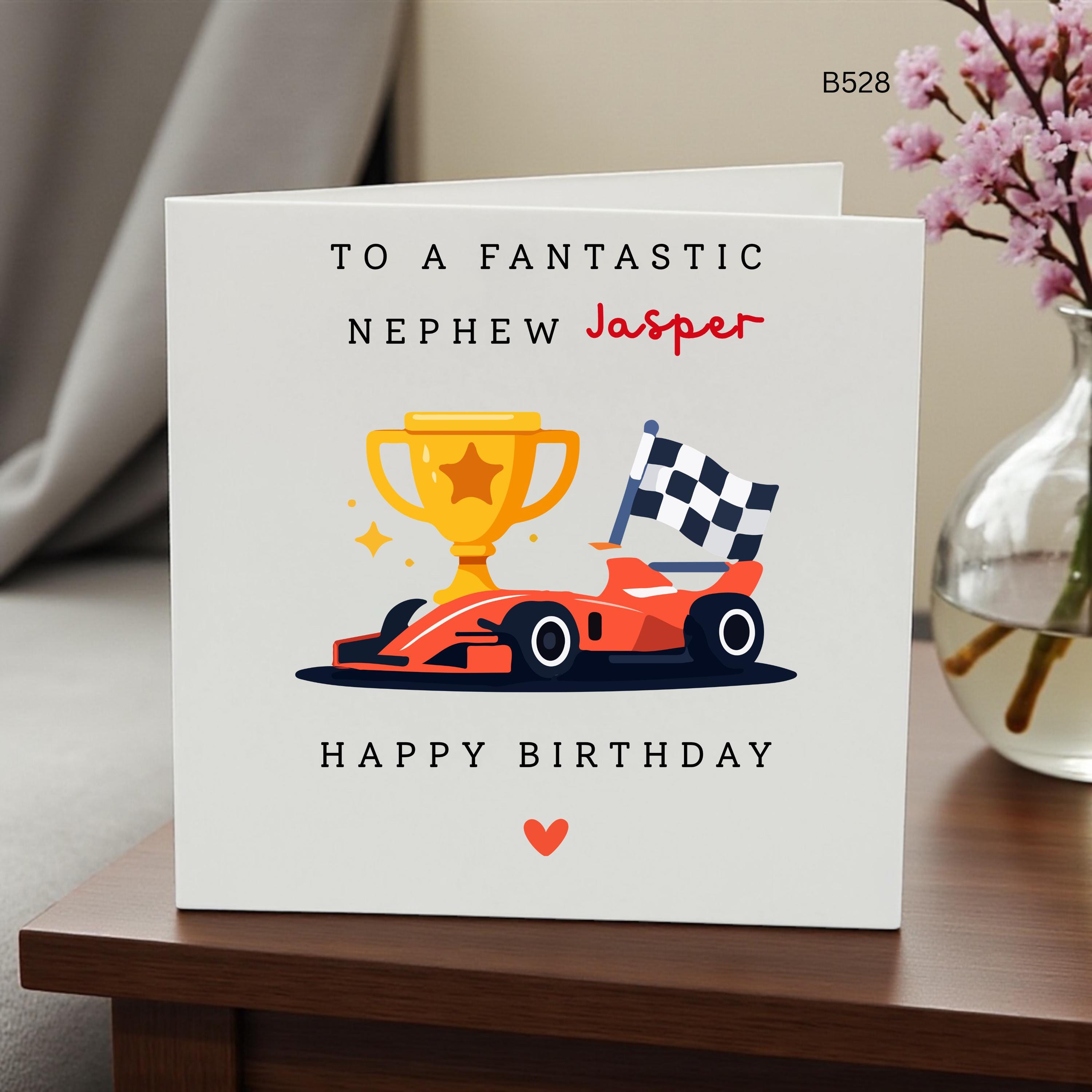 Personalised Nephew Birthday Card, Racing Car Birthday Card for Boys, Custom Name Formula Race Car Card, Kids Sports Trophy Card