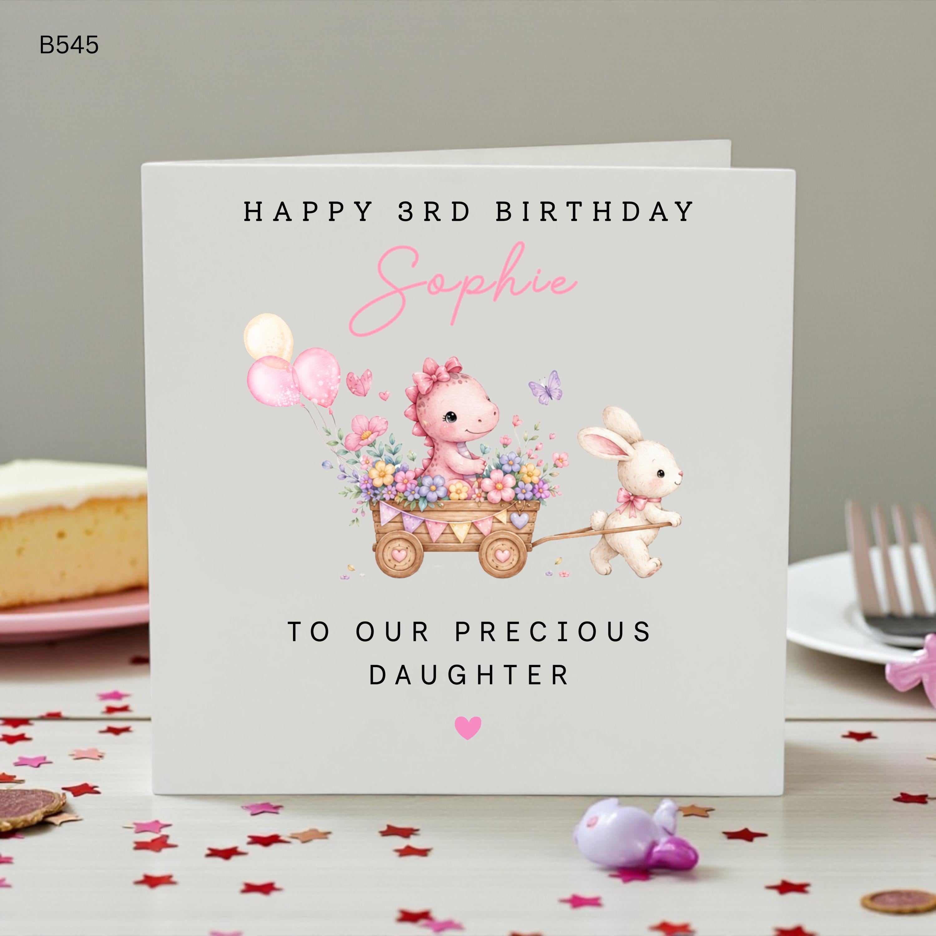 Personalised 3rd Birthday Card for Daughter, Cute Bunny & Dinosaur Birthday Card, Pink Floral Birthday Card, Custom Name Birthday Card