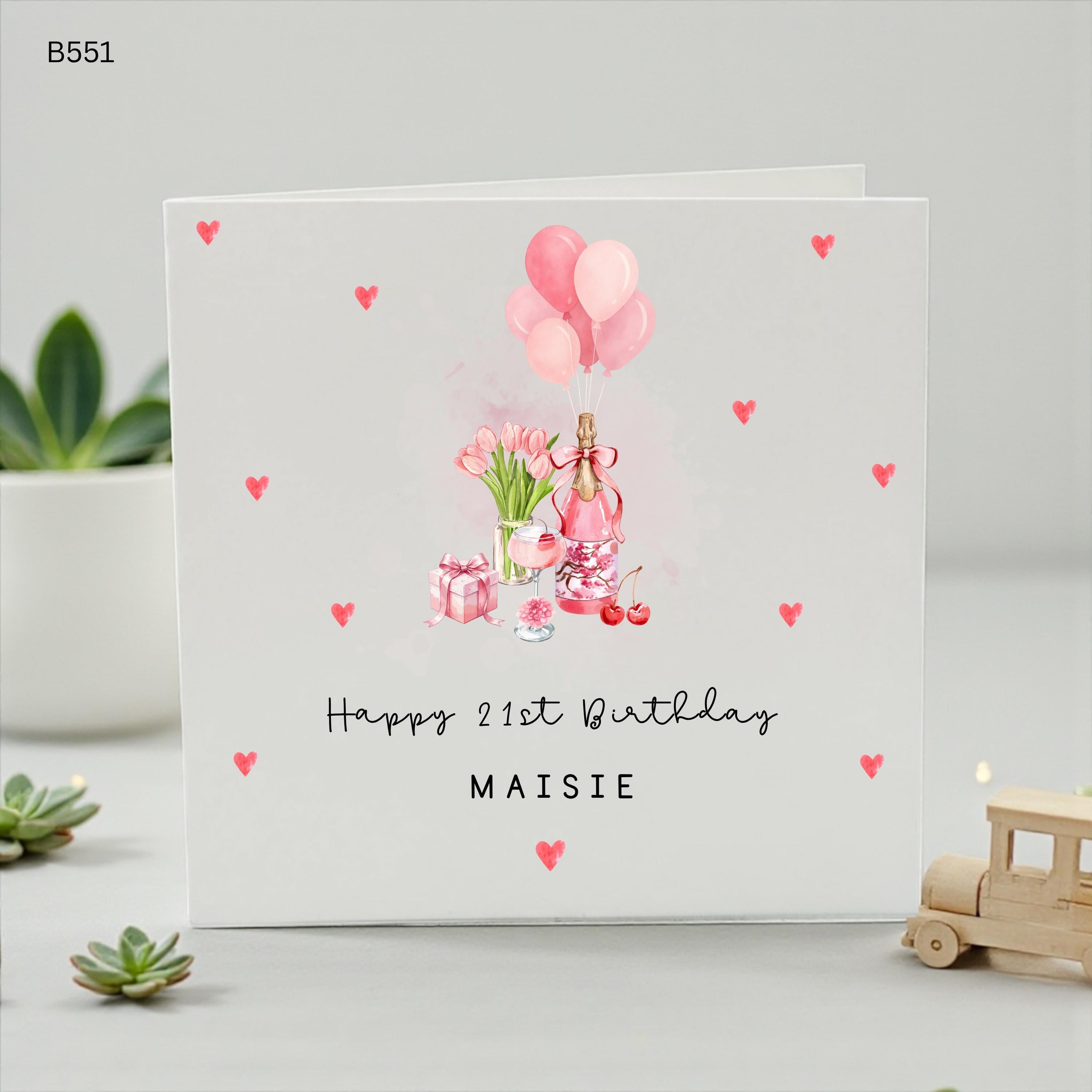 Personalised 21st Birthday Card for Her, Pink Champagne Birthday Card, Custom Name 21st Birthday Card, Happy 21st Birthday Daughter Friend