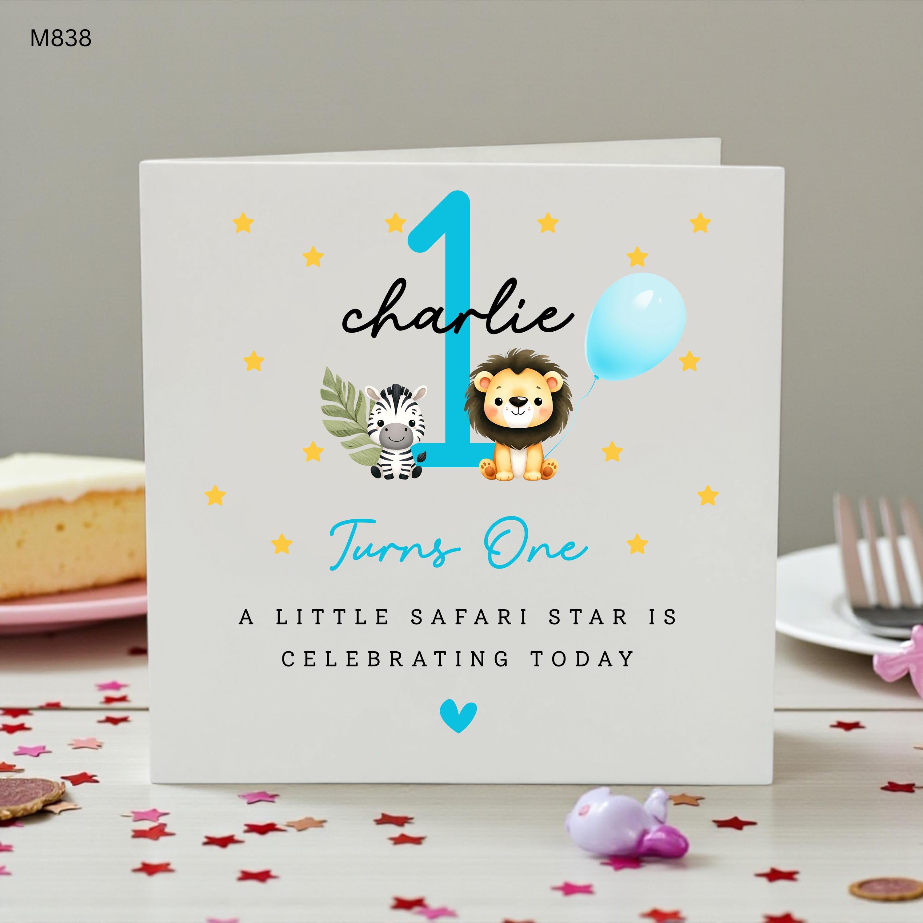 Personalised 1st Birthday Card Boy, Safari Animal First Birthday Card, Custom Name Age One Card, Jungle Birthday Card