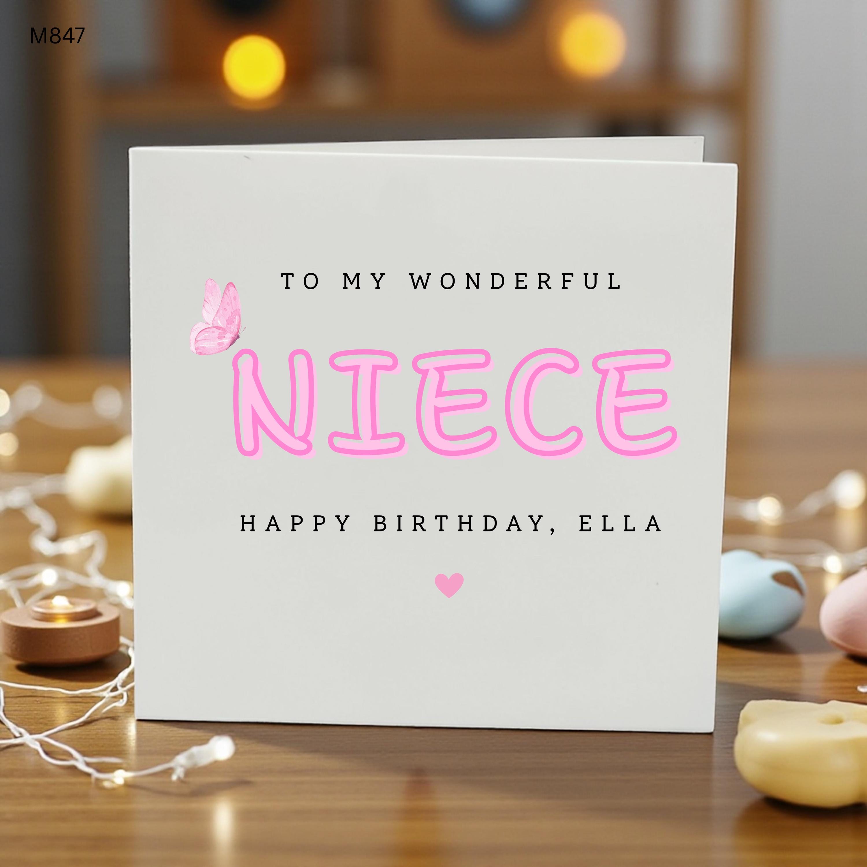 Personalised Niece Birthday Card, Happy Birthday Niece Card, Custom Name Birthday Card for Niece, Pink Butterfly Card