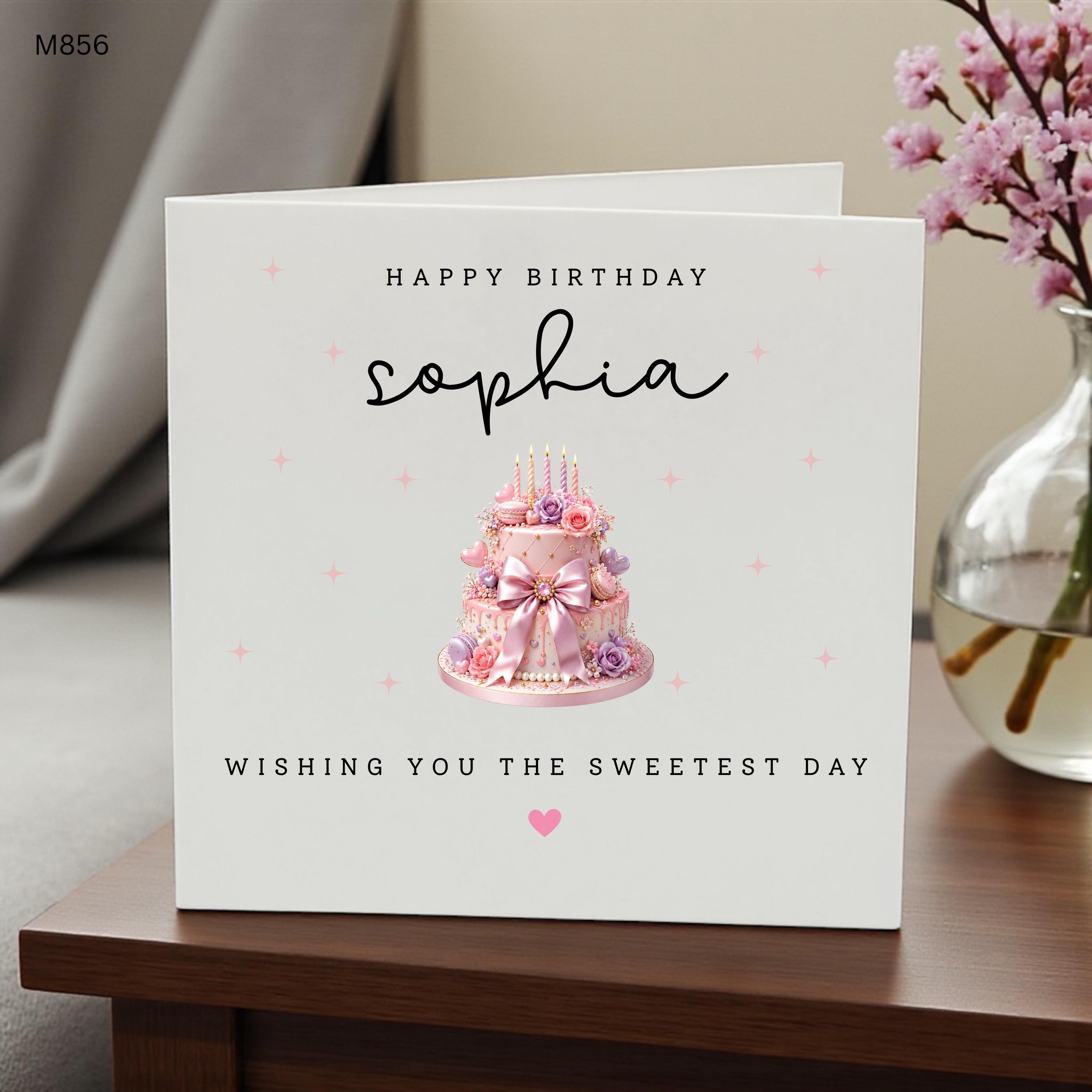 Personalised Birthday Card for Her, Custom Name Birthday Card, Pink Cake Birthday Card, Birthday Card for Daughter Friend