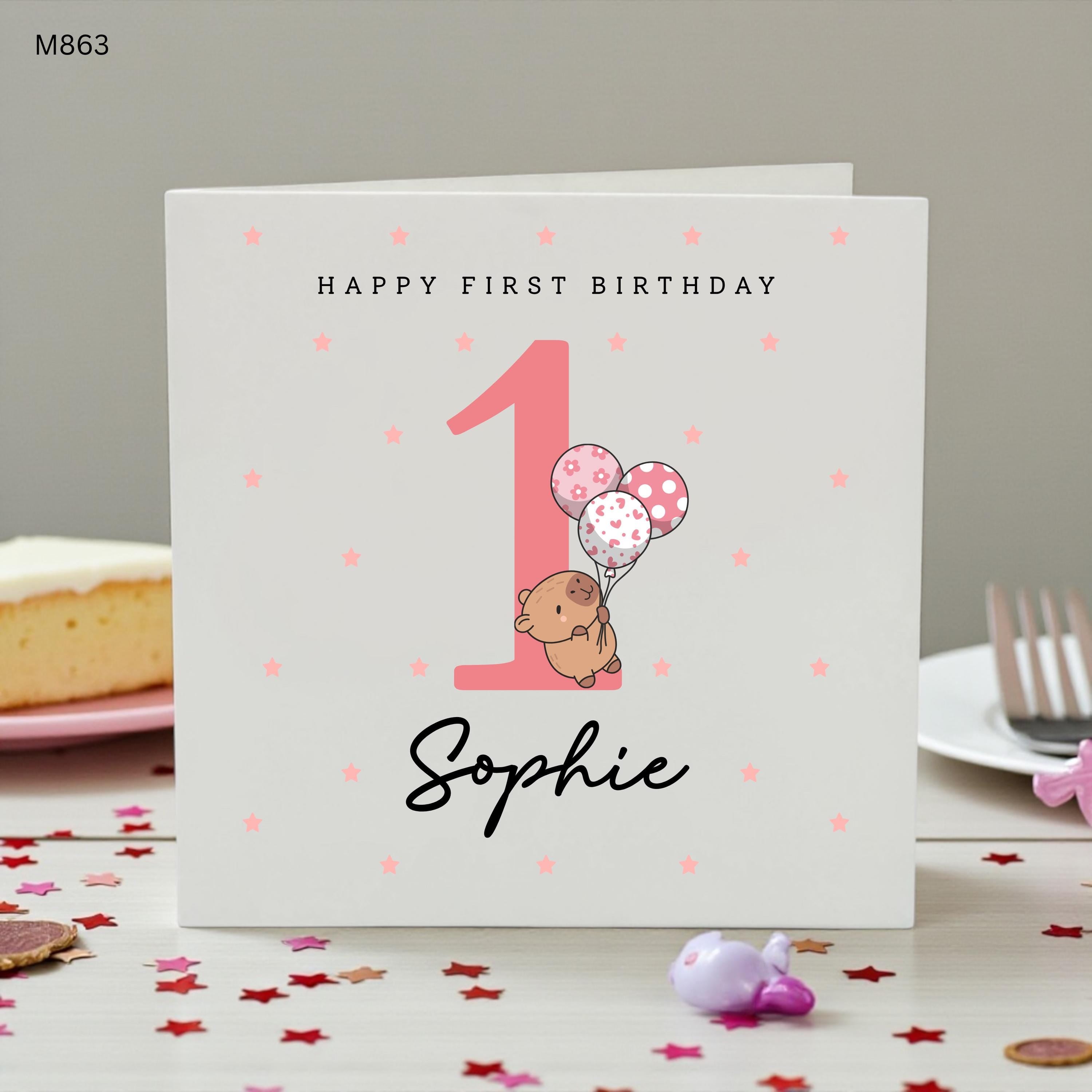 Personalised 1st Birthday Card Girl, First Birthday Card with Name, Cute Teddy Bear Balloon Card, Baby Girl Birthday Card