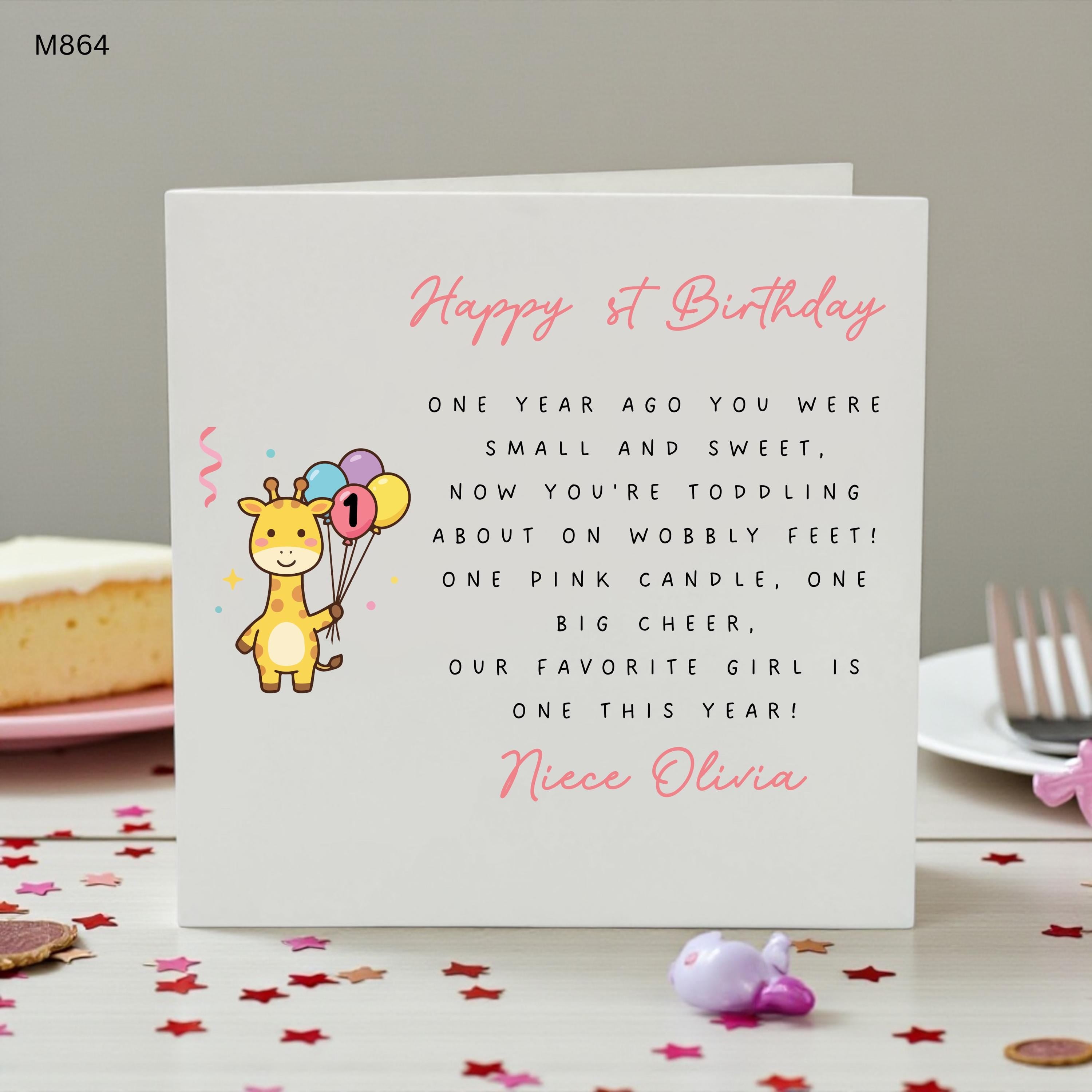 Personalised 1st Birthday Niece Card, First Birthday Girl Card, Cute Giraffe Birthday Card, Custom Name Birthday Card