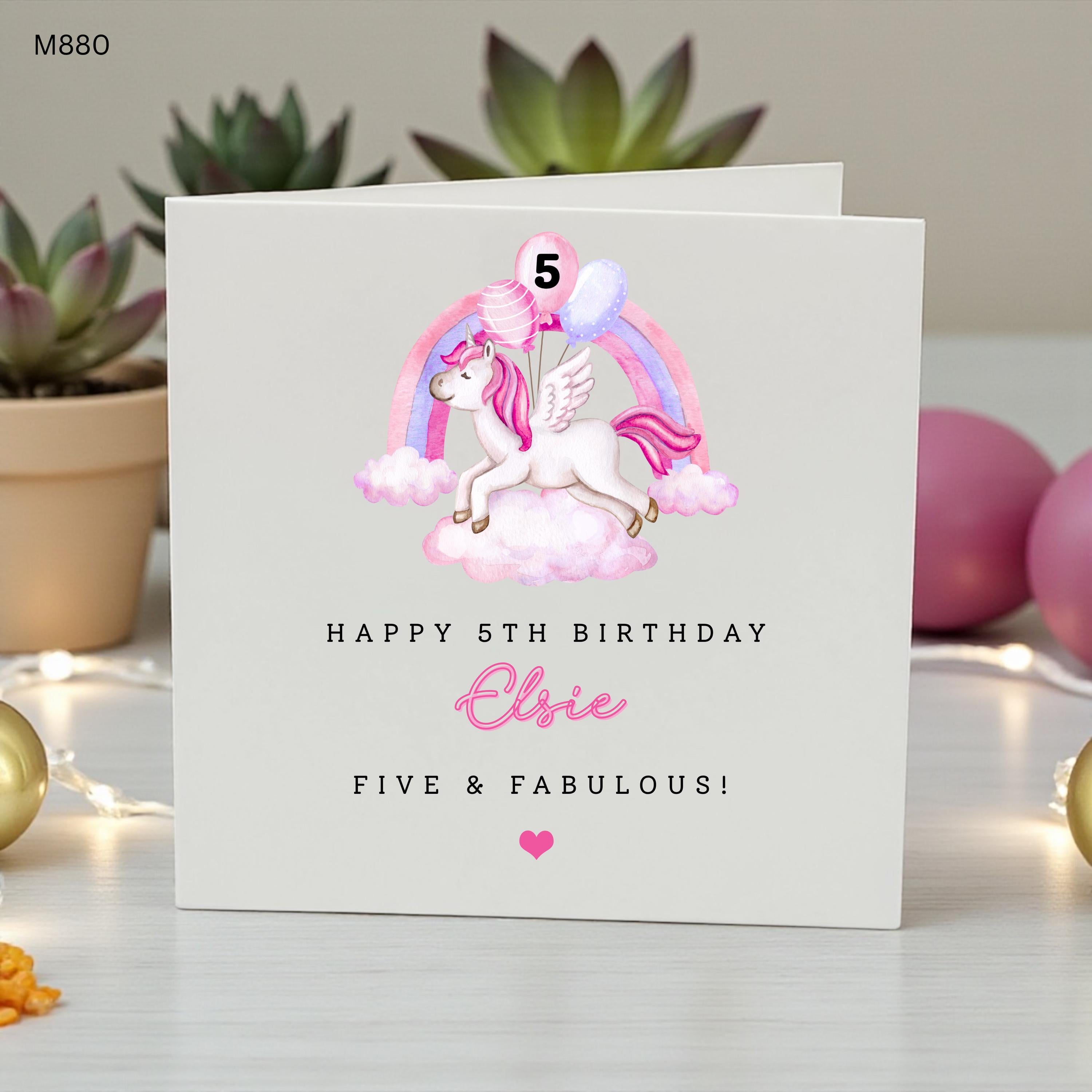 Personalised Unicorn 5th Birthday Card, Girls 5th Birthday Card, Unicorn Birthday Card, Five & Fabulous Birthday Card