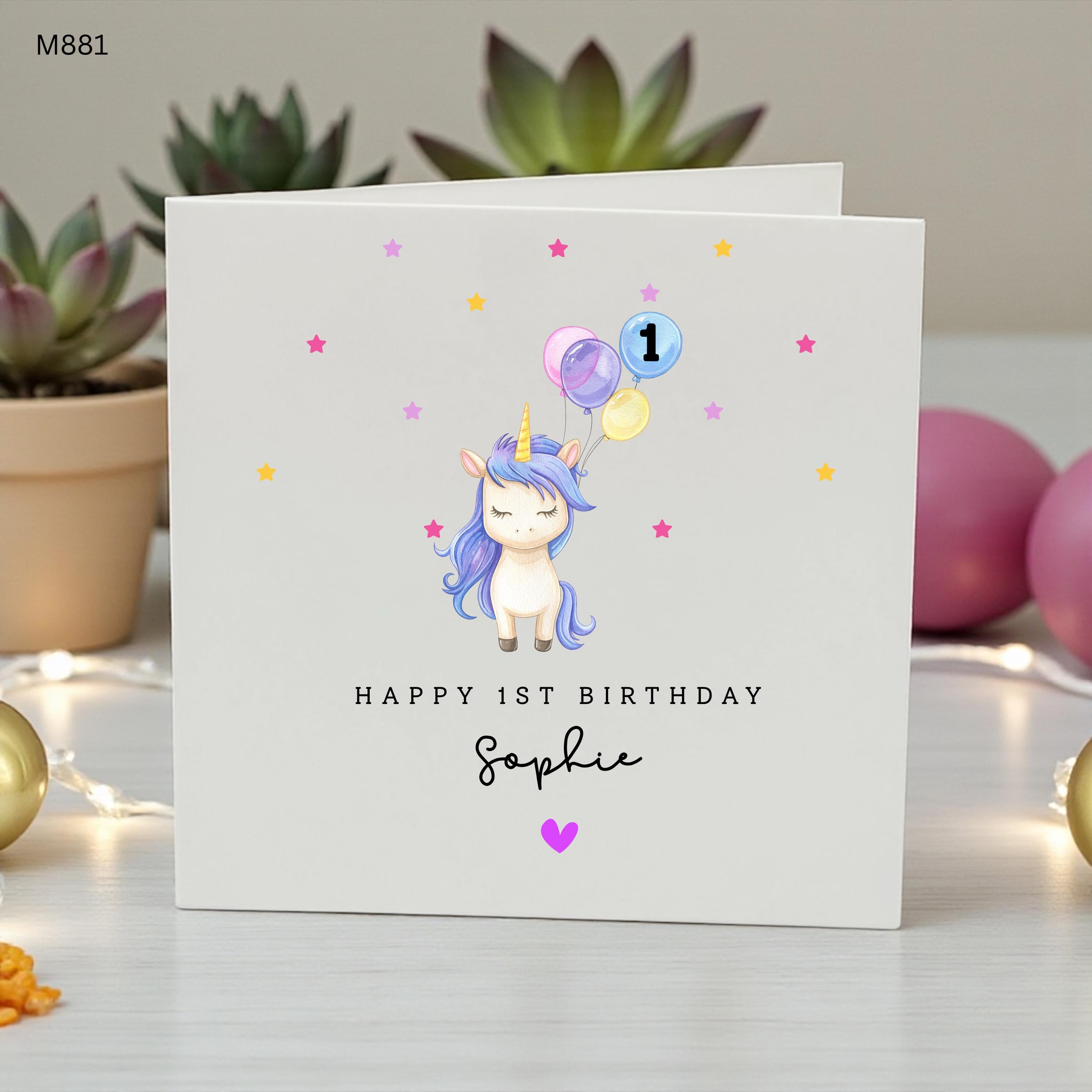 Personalised 1st Birthday Unicorn Card, First Birthday Card for Girl, Unicorn Birthday Card, Custom Name Age 1 Card