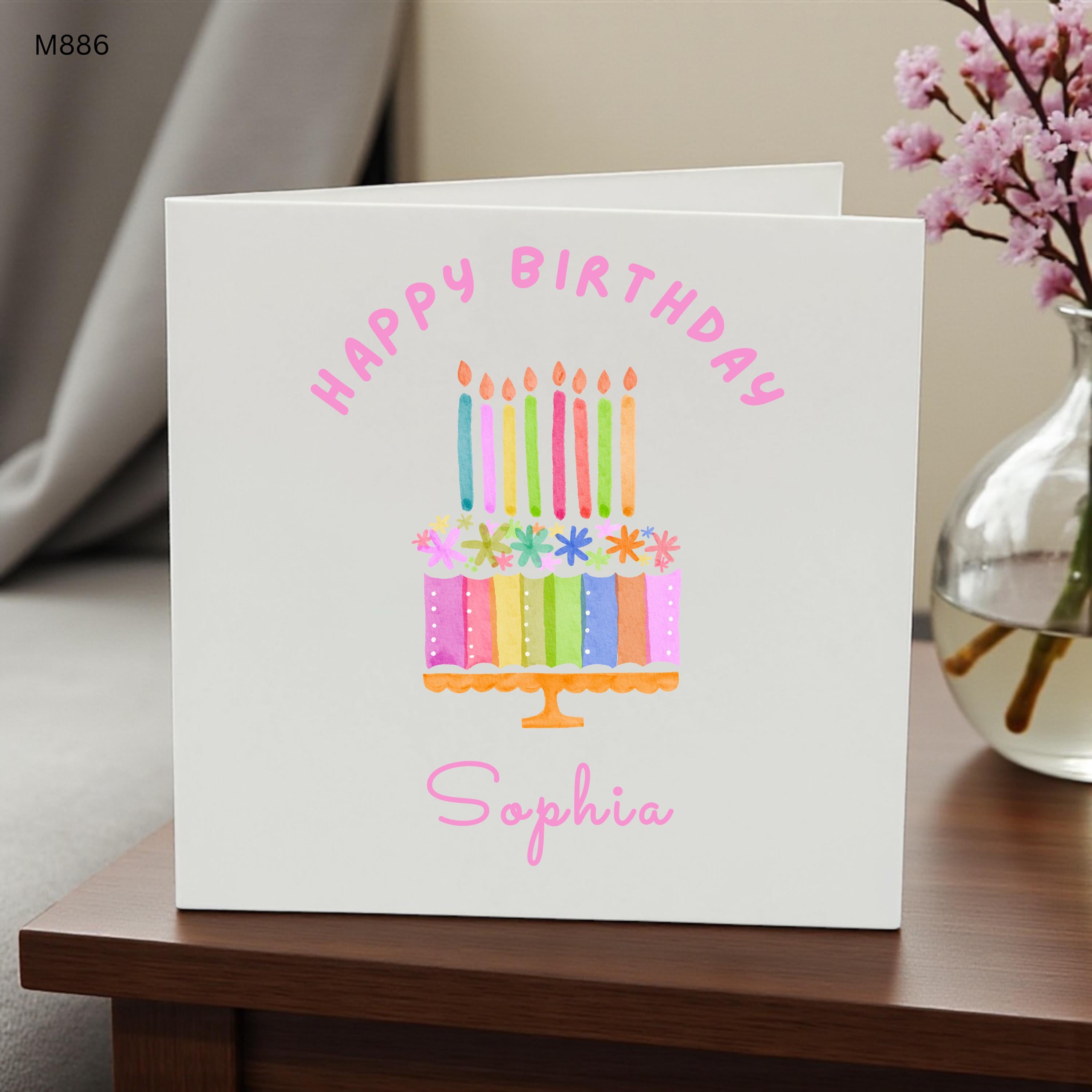 Personalised Birthday Cake Card, Custom Name Birthday Card for Her, Colourful Cake Greeting Card, Daughter Niece Friend Birthday