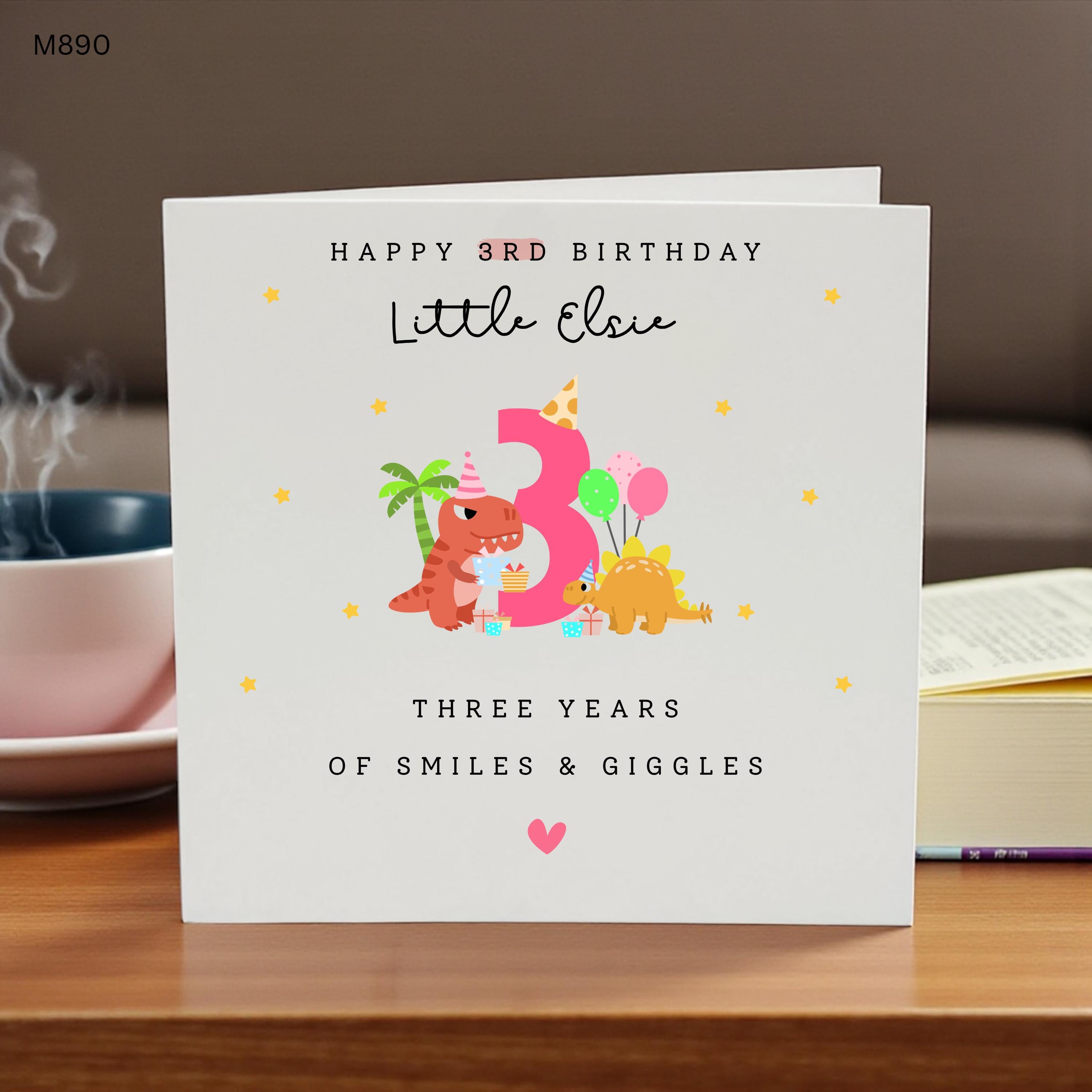 Personalised 3rd Birthday Dinosaur Card for Girl, Custom Name 3rd Birthday Card, Cute Dinosaur Birthday Card, Third Birthday Gift