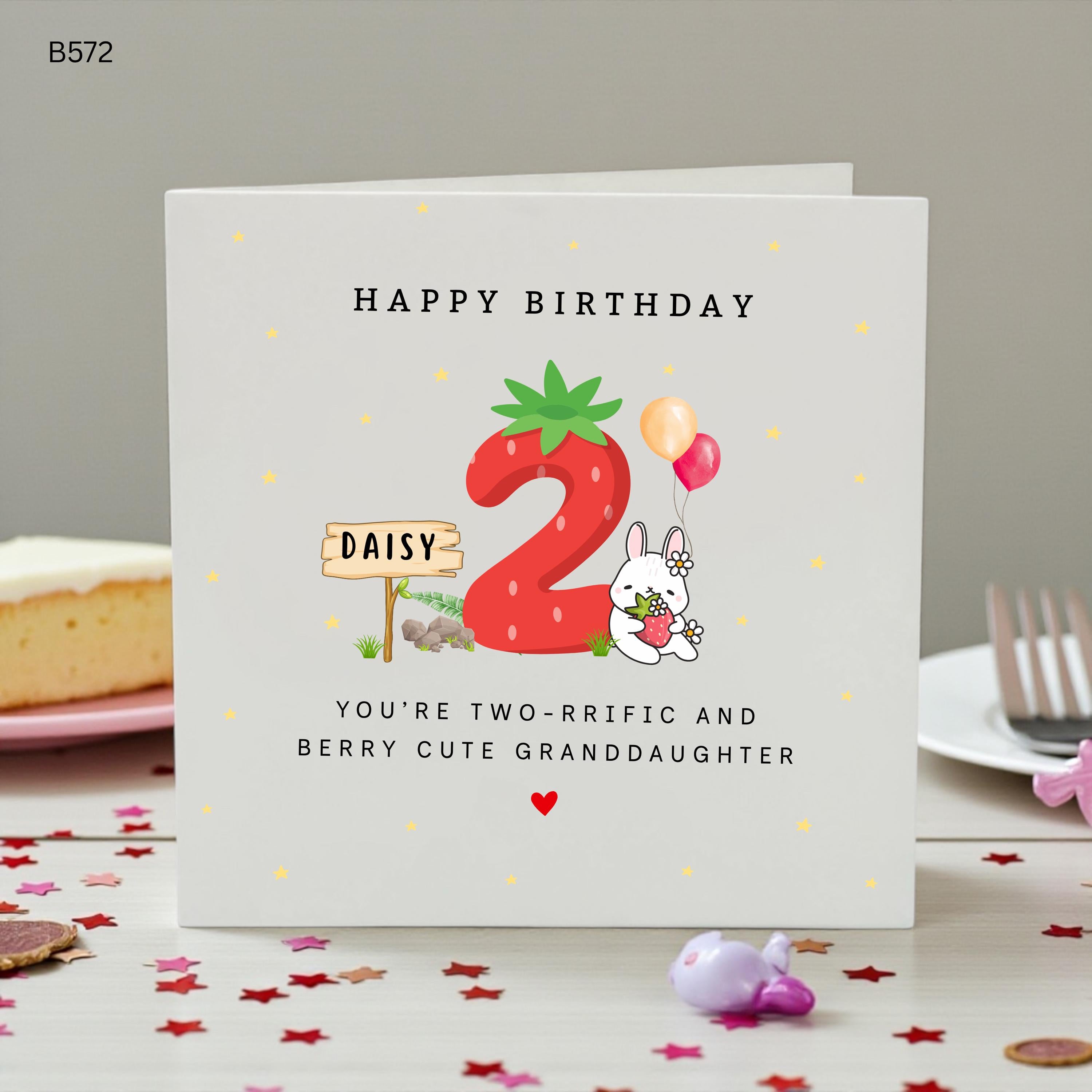 Personalised 2nd Birthday Card for Granddaughter, Strawberry Birthday Card, Cute Bunny Birthday Card, Custom Age 2 Girl Birthday Card