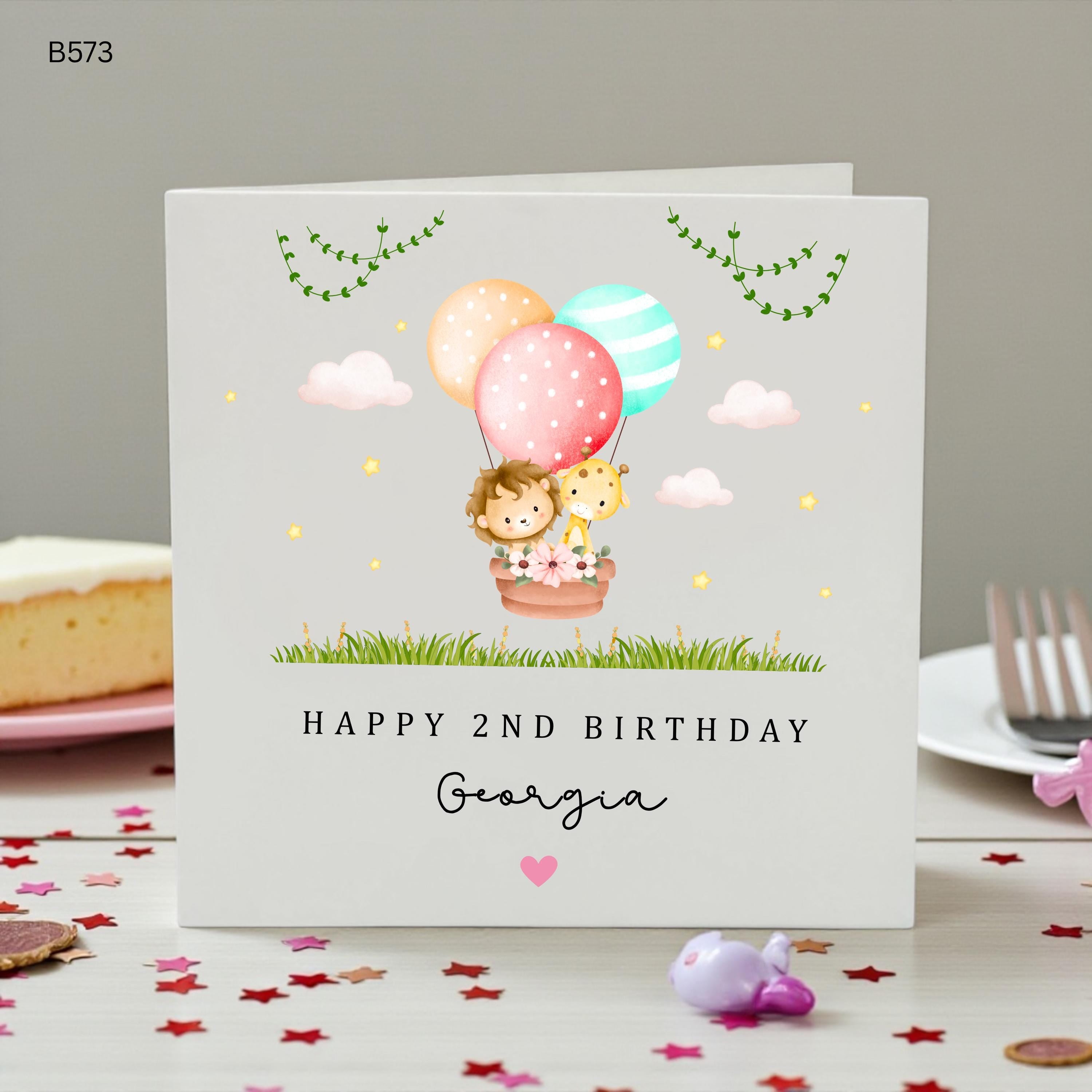 Personalised 2nd Birthday Card for Granddaughter, Cute Safari Birthday Card, Lion and Giraffe Birthday Card, Custom Name Age 2 Girl Card