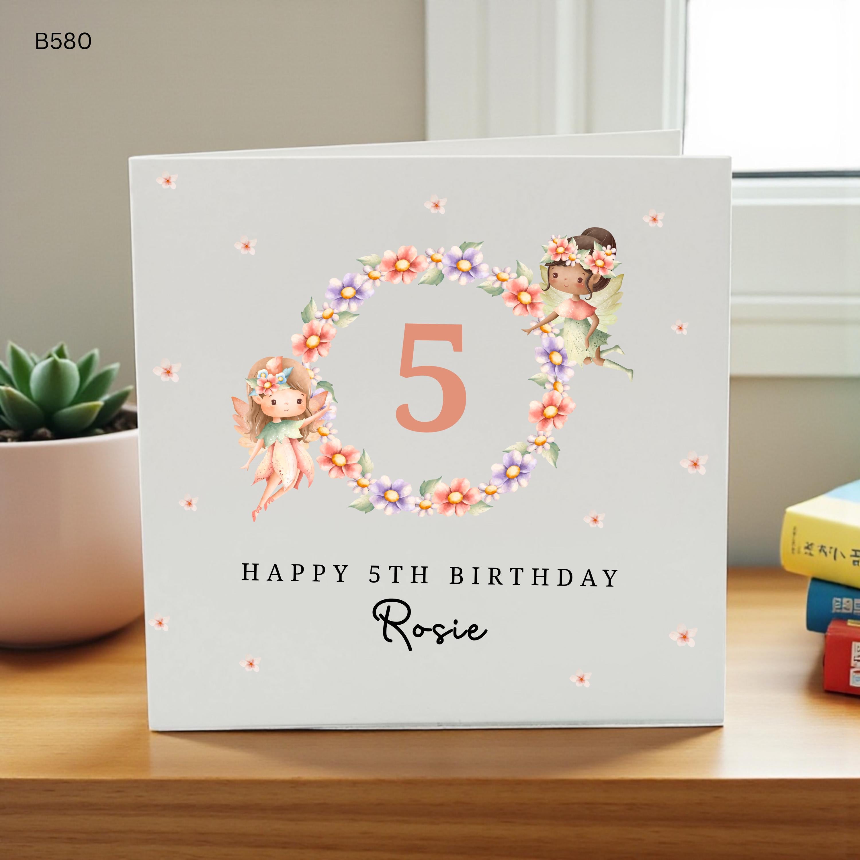 Personalised 5th Birthday Fairy Card, Custom 5th Birthday Card for Girl, Floral Fairy Birthday Card, Magical Birthday Keepsake