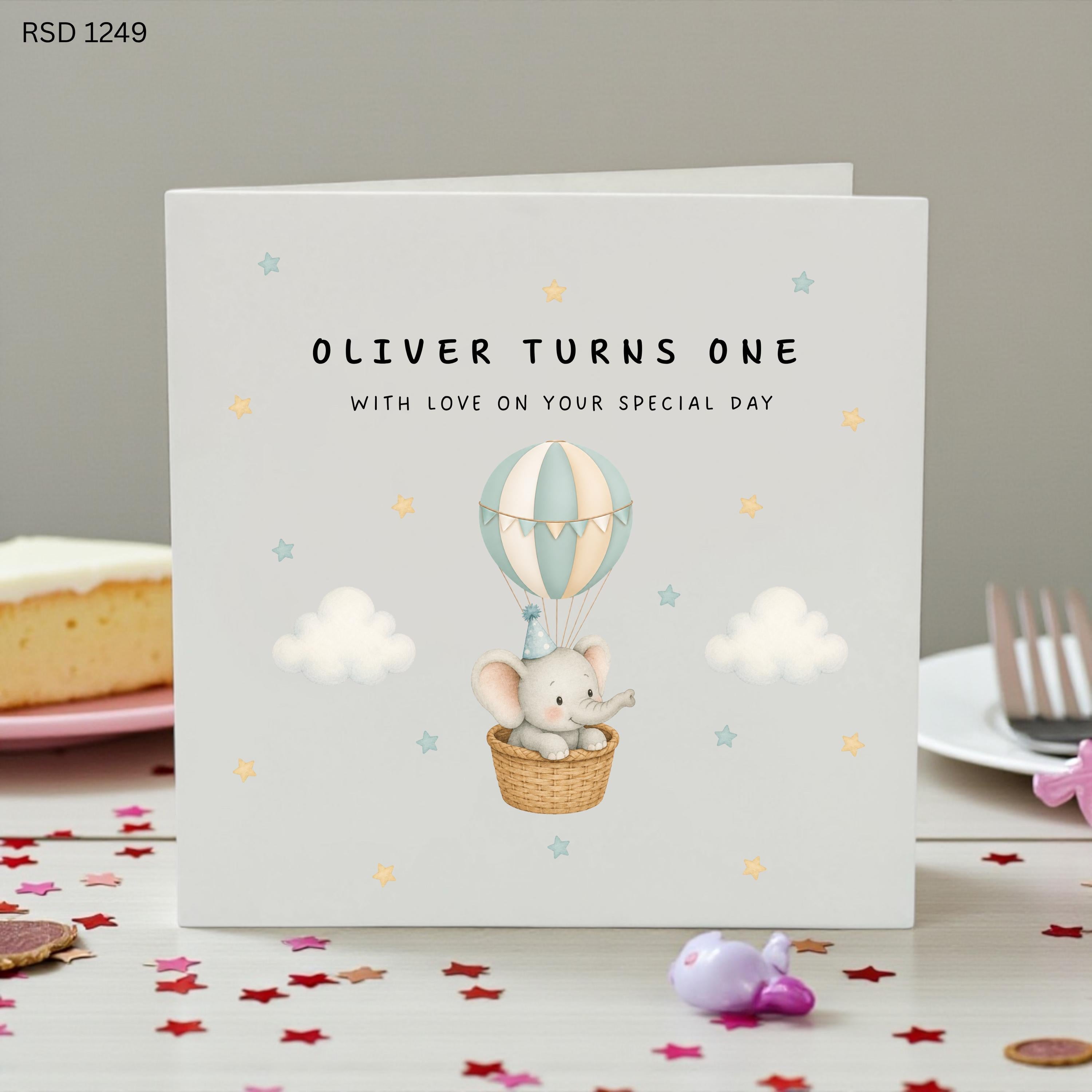 Personalised 1st Birthday Card for Boy, Cute Elephant Balloon Card, First Birthday Card, Custom One Year Old Birthday Card Baby Boy Keepsake