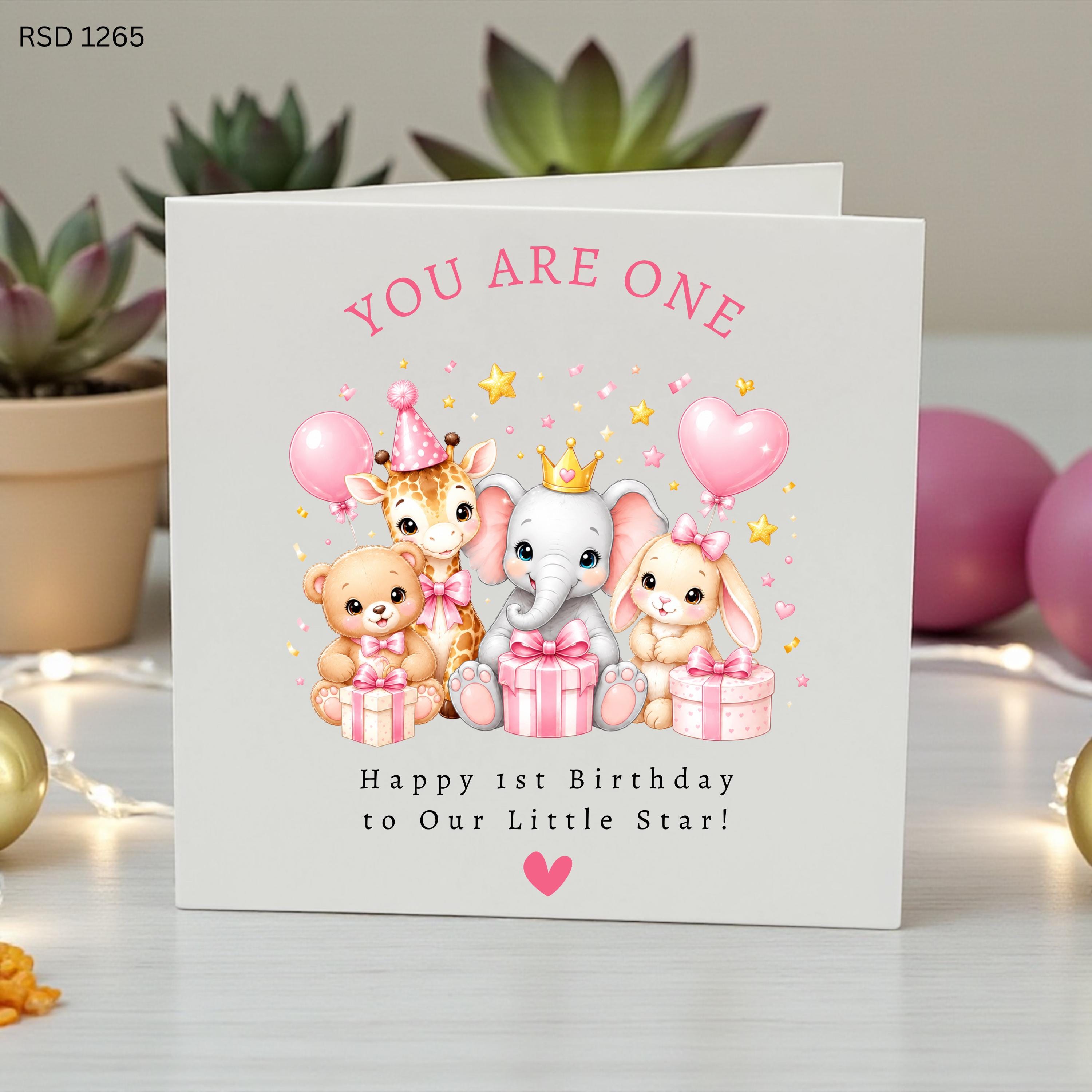 Personalized 1st Birthday Card for Girl, Cute Safari Animals Birthday Card, First Birthday Daughter Card, Baby Girl Birthday Keepsake, Pink