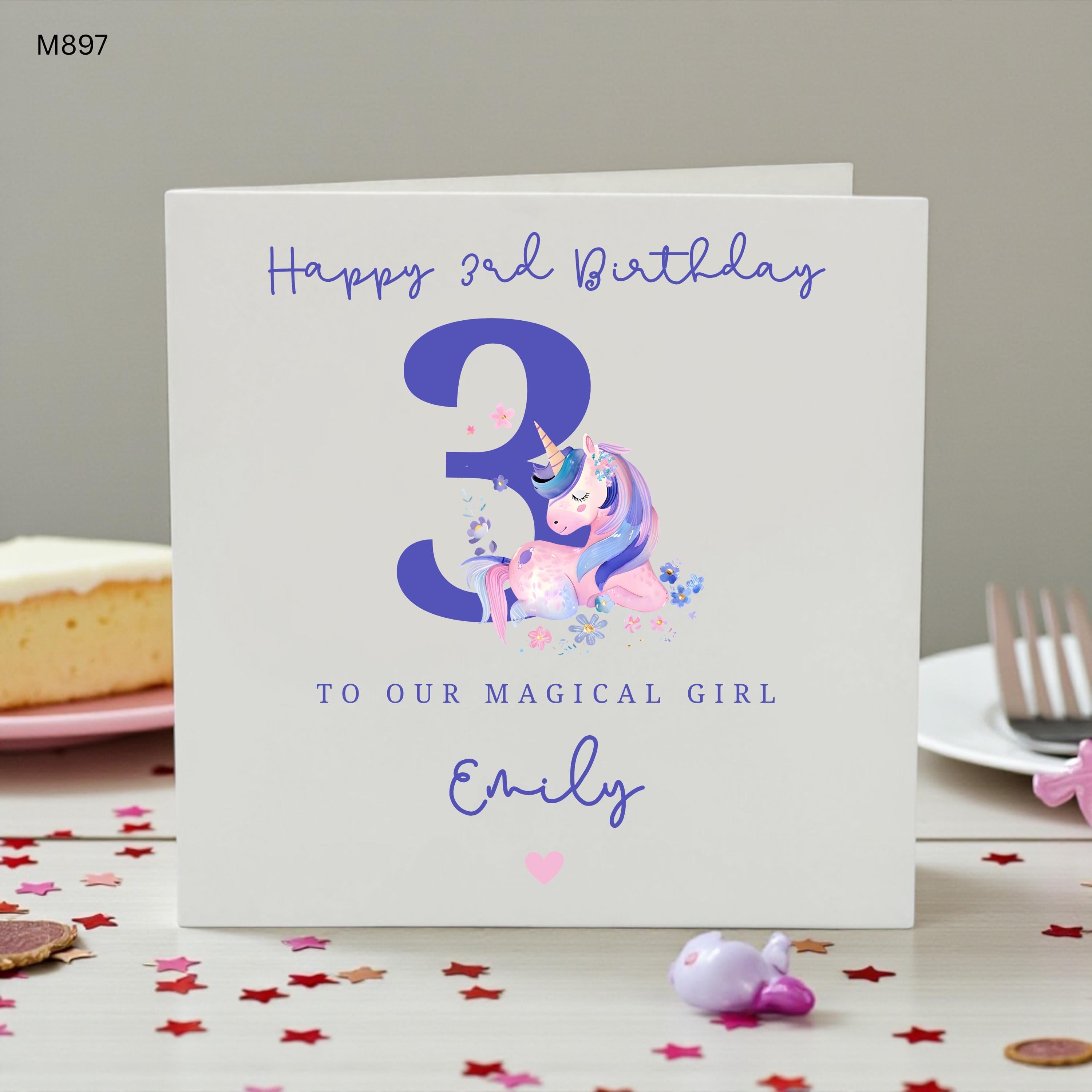 Personalised 3rd Birthday Unicorn Card, Magical Girl 3rd Birthday Card, Custom Name Unicorn Birthday Card for Daughter Granddaughter Niece