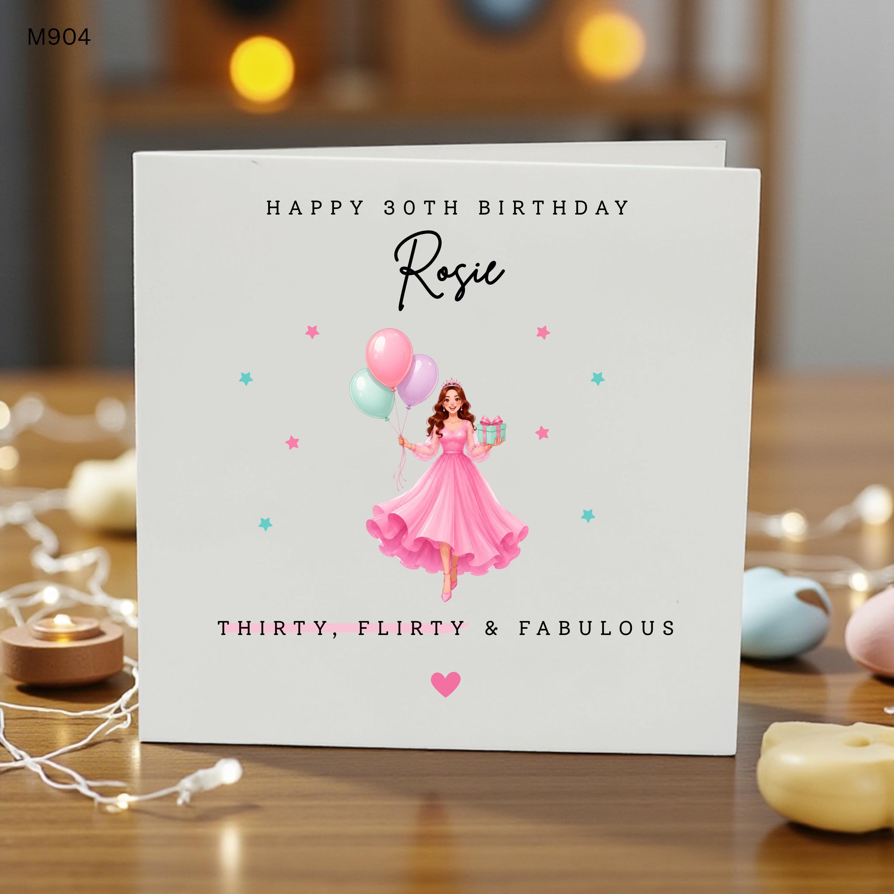 Personalised 30th Birthday Card for Her, Thirty Flirty and Fabulous Birthday Card, Custom Name 30th Birthday Card, Pink Princess Birthday