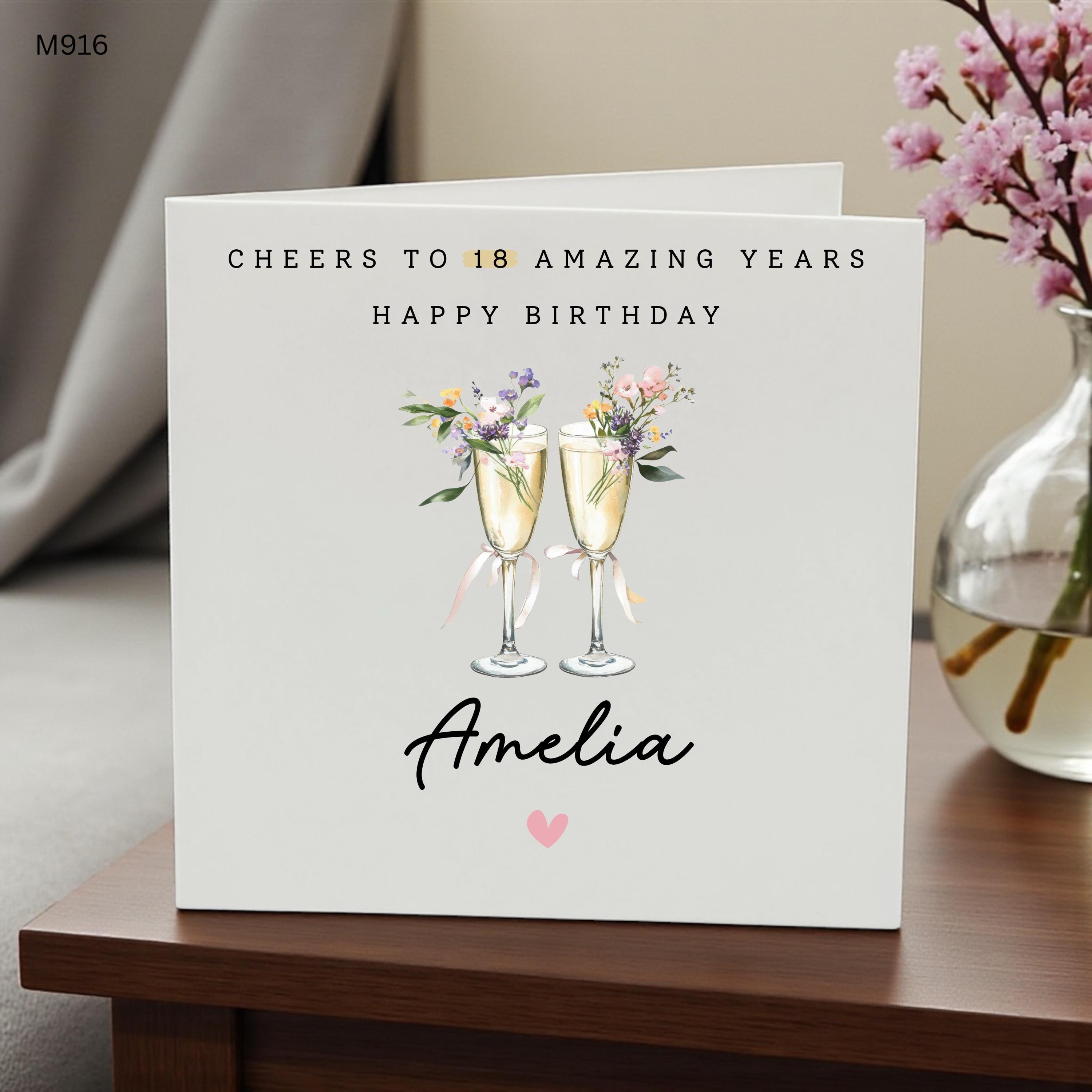Personalised 18th Birthday Card for Her, Cheers To 18 Amazing Years Card, Custom Name 18th Birthday Card, Milestone Birthday Gift