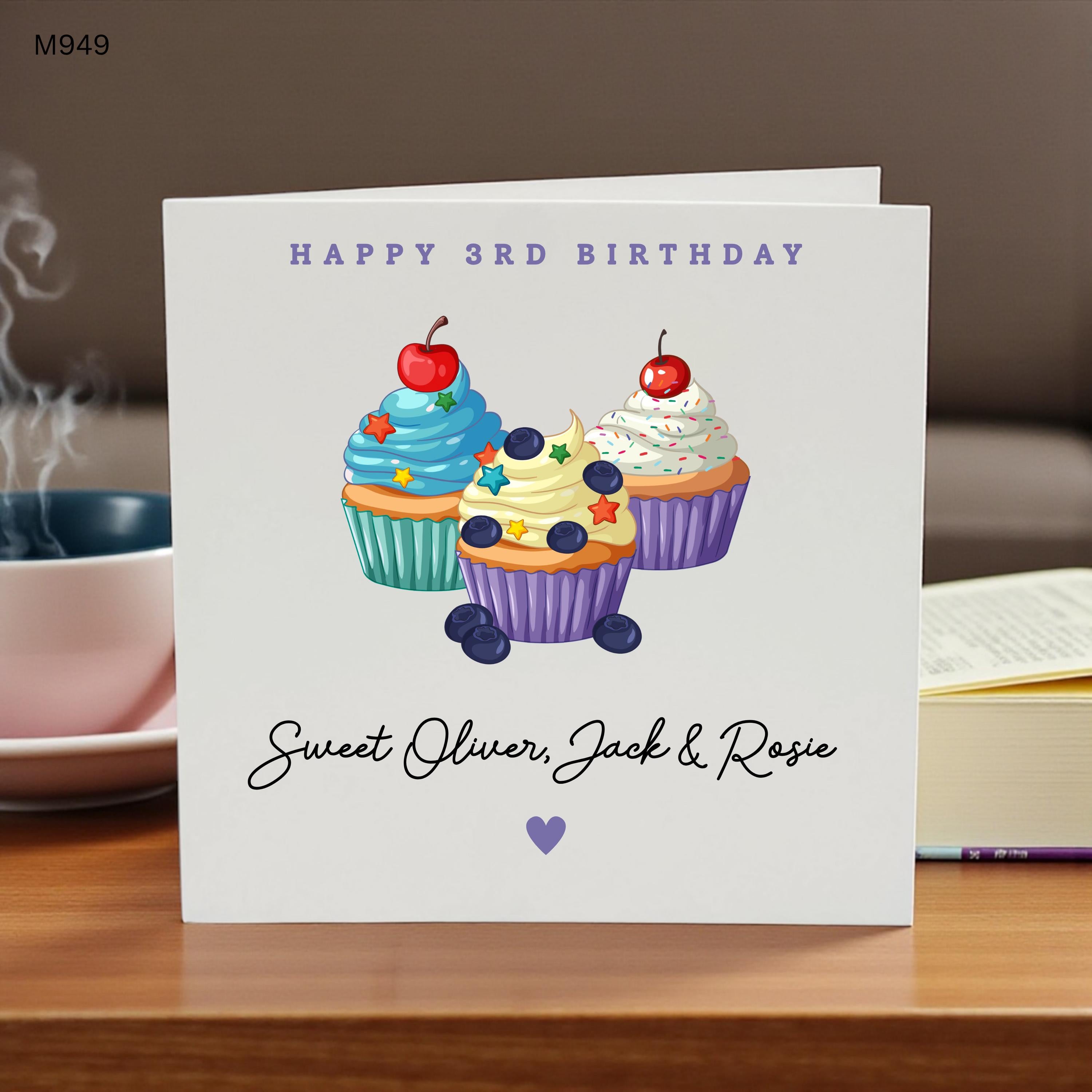 3rd Birthday Card, Personalized 3rd Birthday Card, Third Birthday Card For Child, Cute Cupcake Birthday Card, Custom Name Birthday Card,