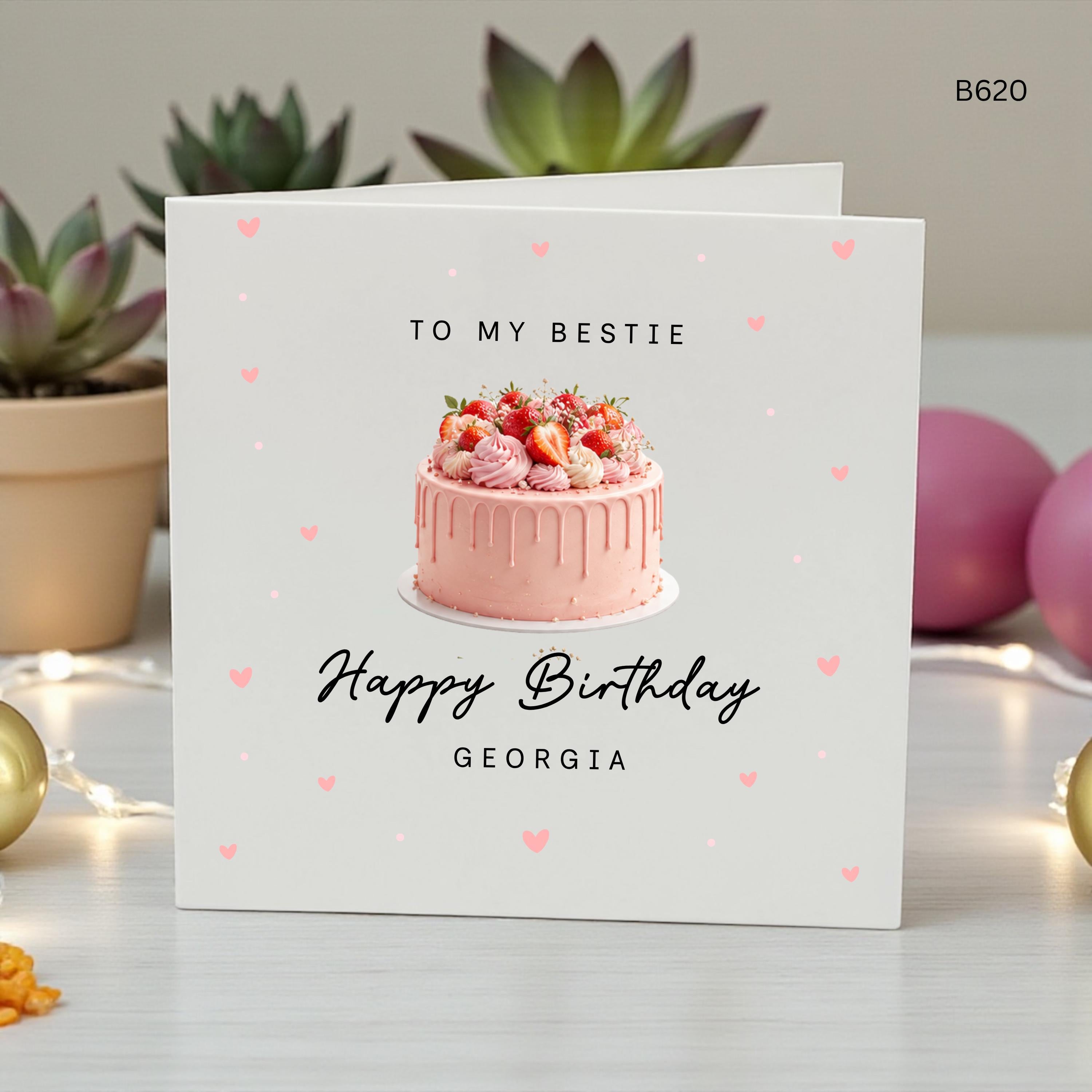 Personalised Best Friend Birthday Card, Custom Name Birthday Card for Bestie, Pink Cake Birthday Card, BFF Birthday Card for Her