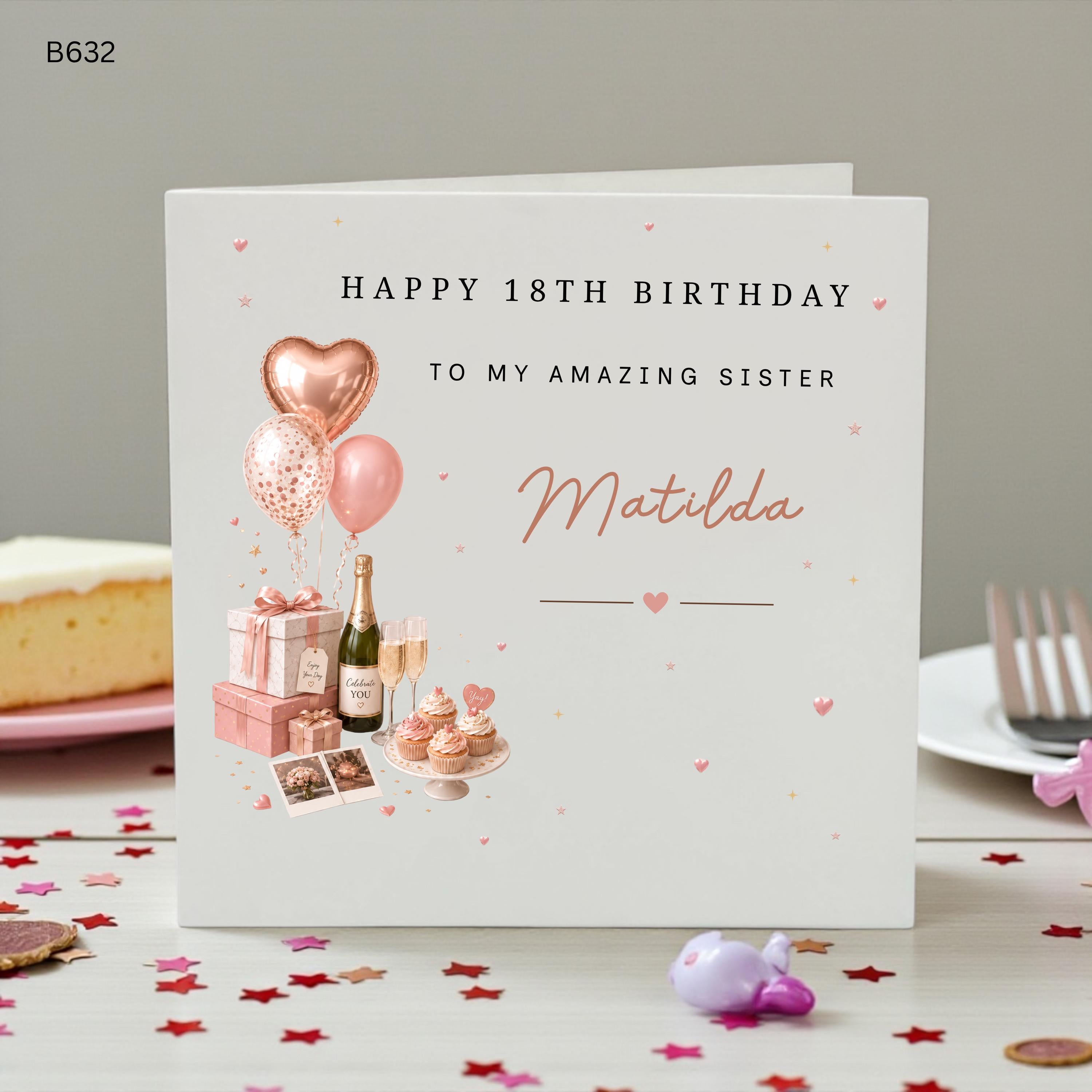 Personalised 18th Birthday Card for Sister, Happy 18th Birthday Sister Card, Custom Name 18th Card, Rose Gold Birthday Card, Keepsake Gift