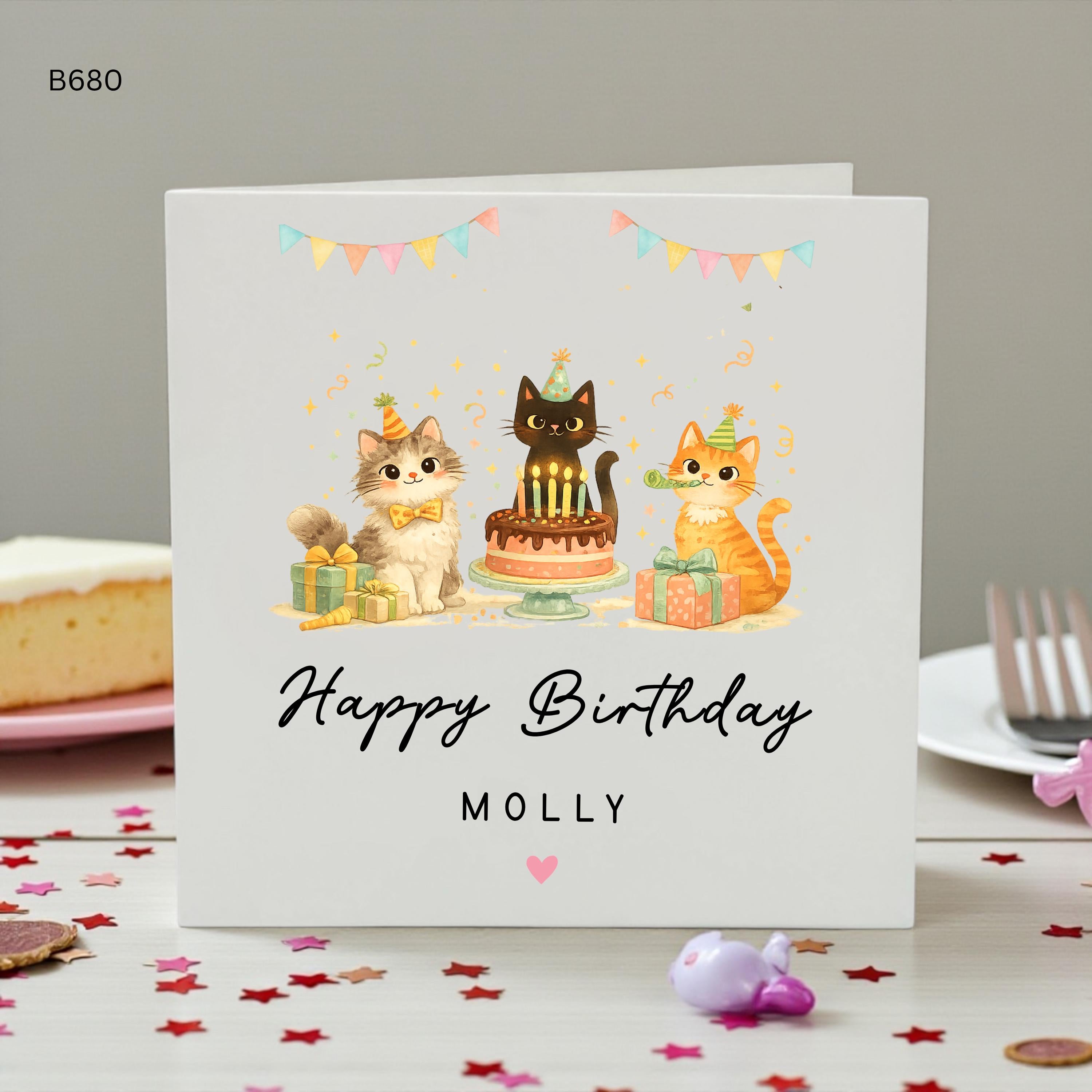 Personalised Cat Birthday Card, Custom Name Cat Lover Birthday Card, Cute Kitten Birthday Card for Girl, Cat Birthday Party , Pet Lover Gift