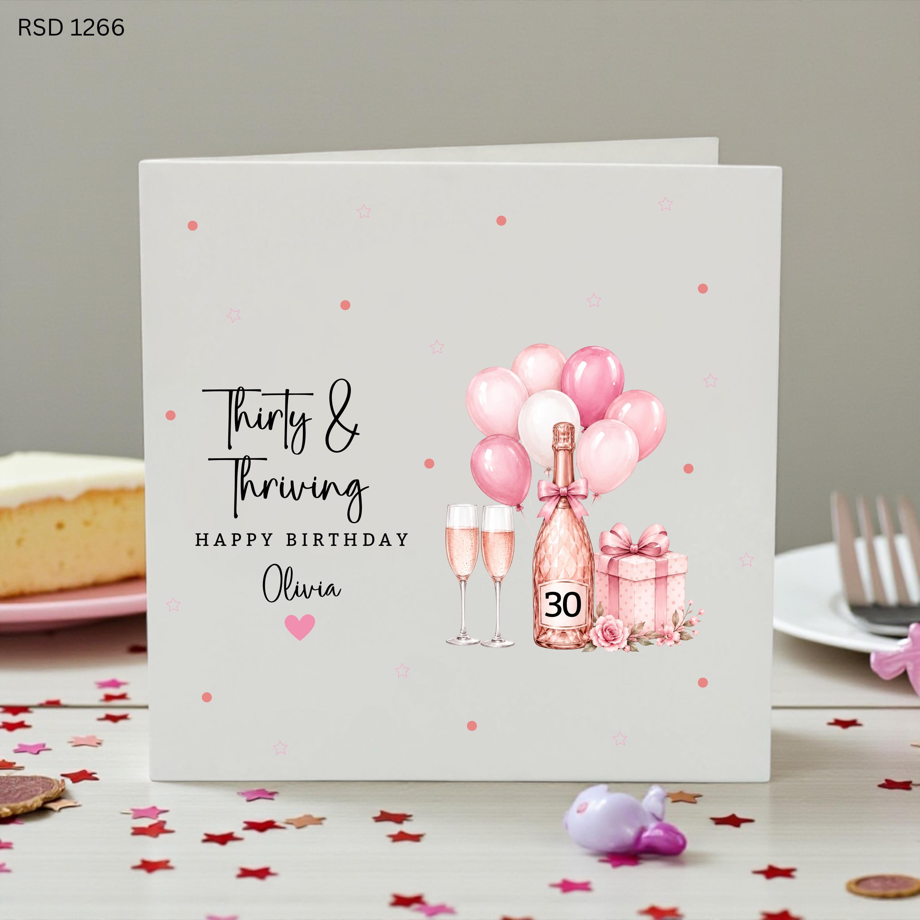 Personalised 30th Birthday Card for Her, Thirty and Thriving Birthday Card Pink Champagne Birthday Card Custom 30th Birthday Gift for Friend